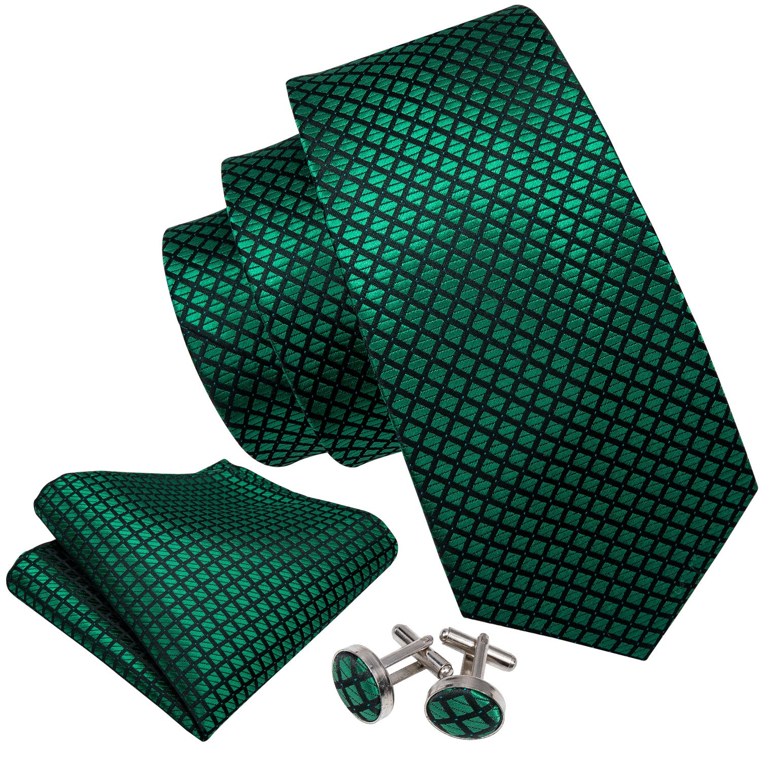 Green Plaid Tie Pocket Square Cufflinks Set
