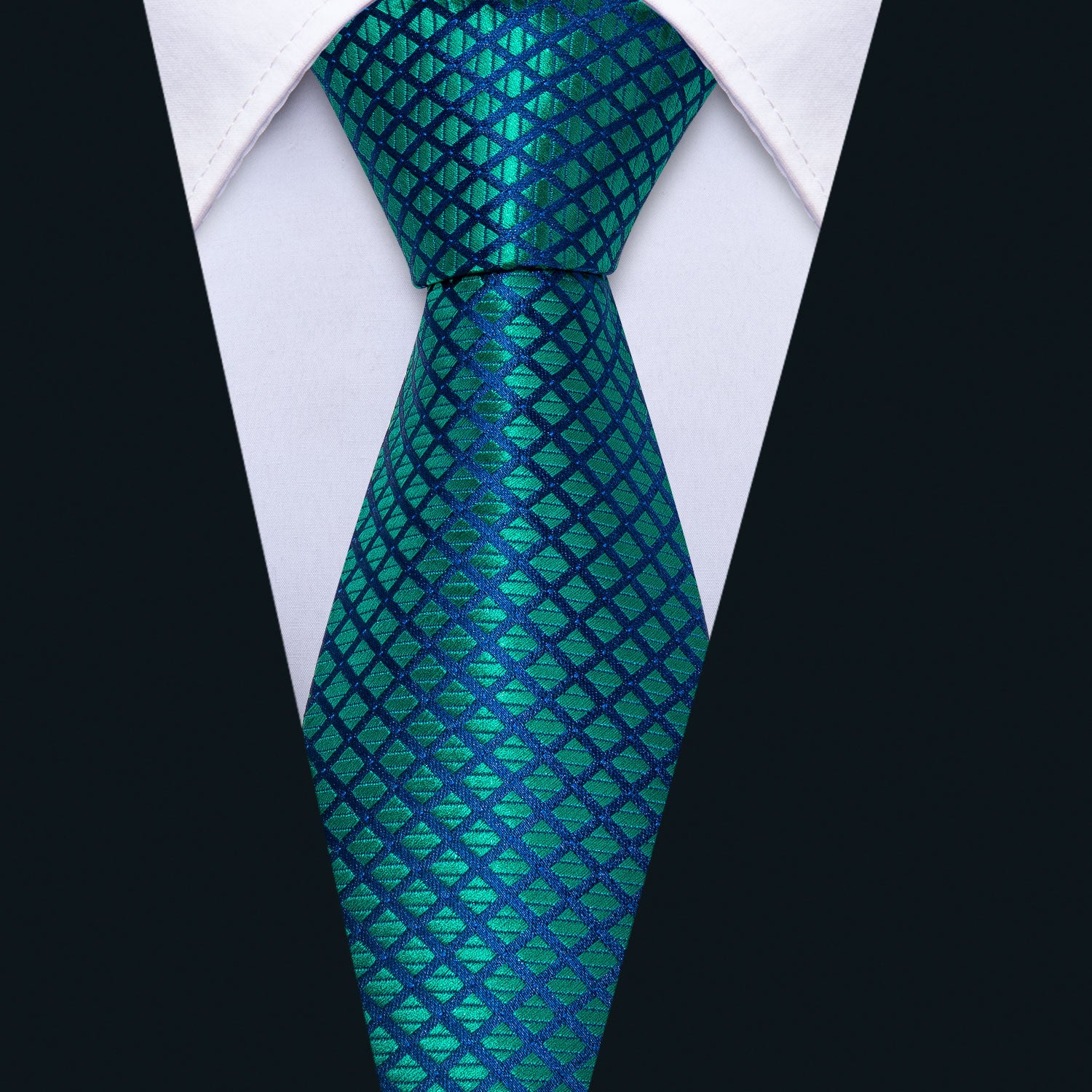 Teal Blue Plaid Tie Pocket Square Cufflinks Set