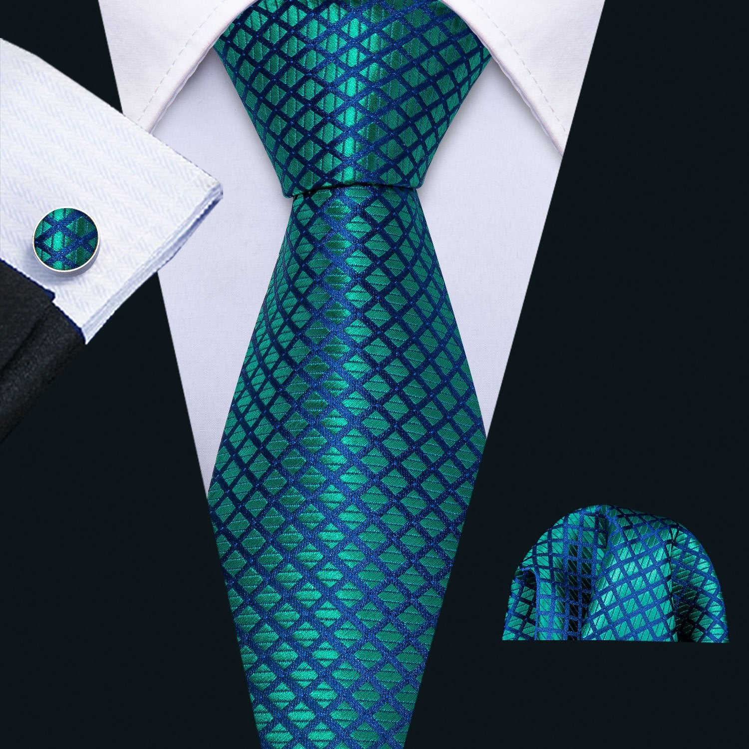 Teal Blue Plaid Necktie Pocket Square Cufflink Clip Gift Box Set