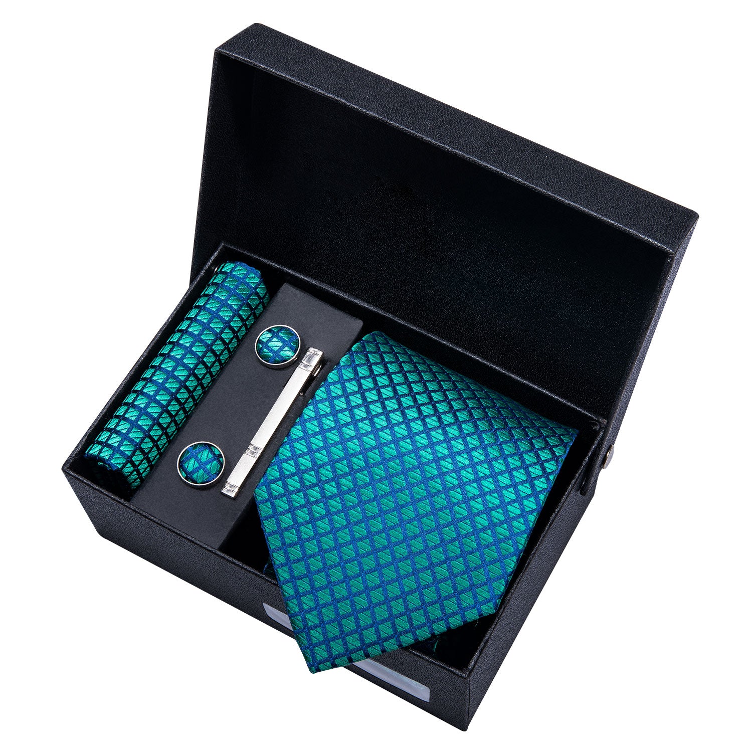Teal Blue Plaid Necktie Pocket Square Cufflink Clip Gift Box Set