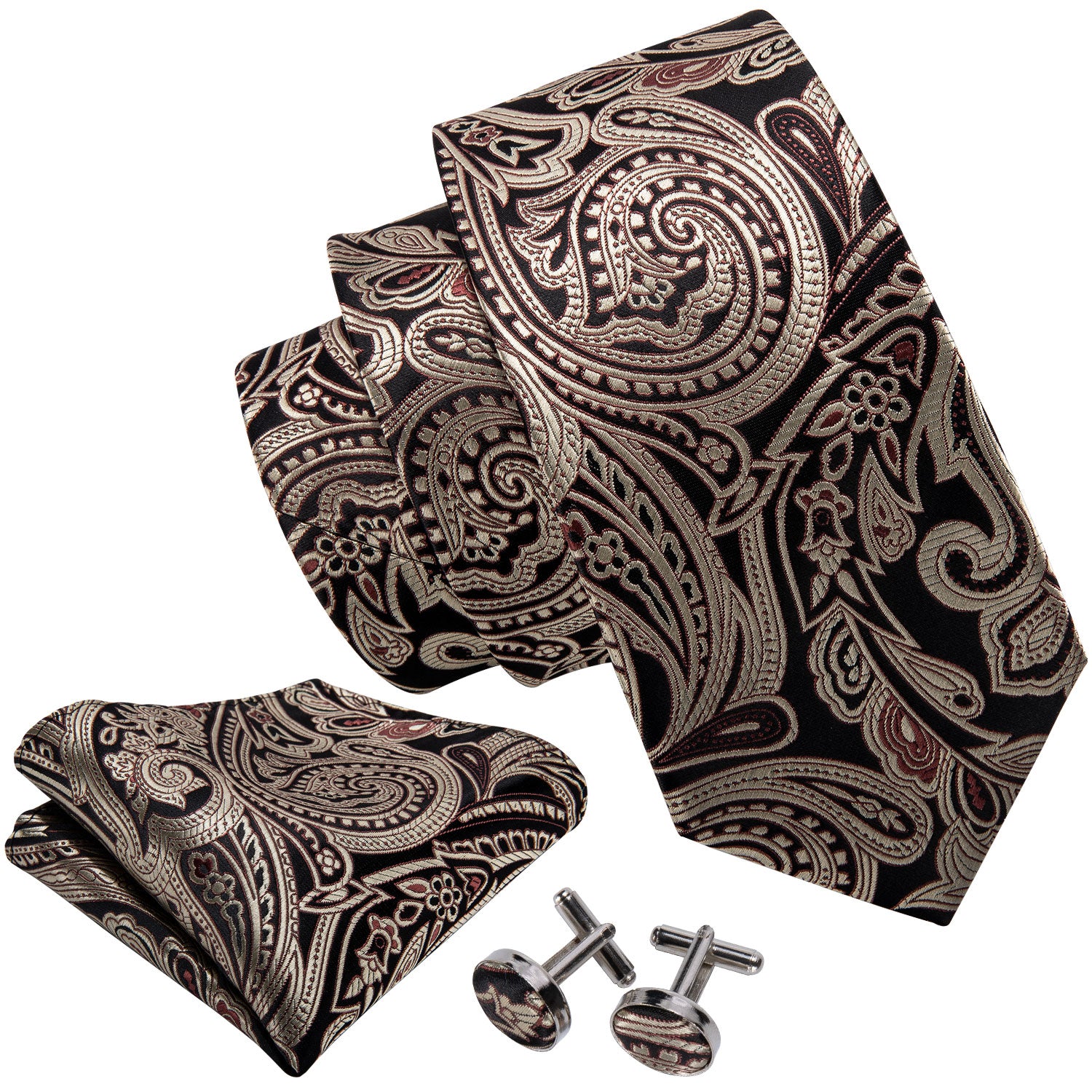 Classic Brown Paisley Tie Pocket Square Cufflinks Set