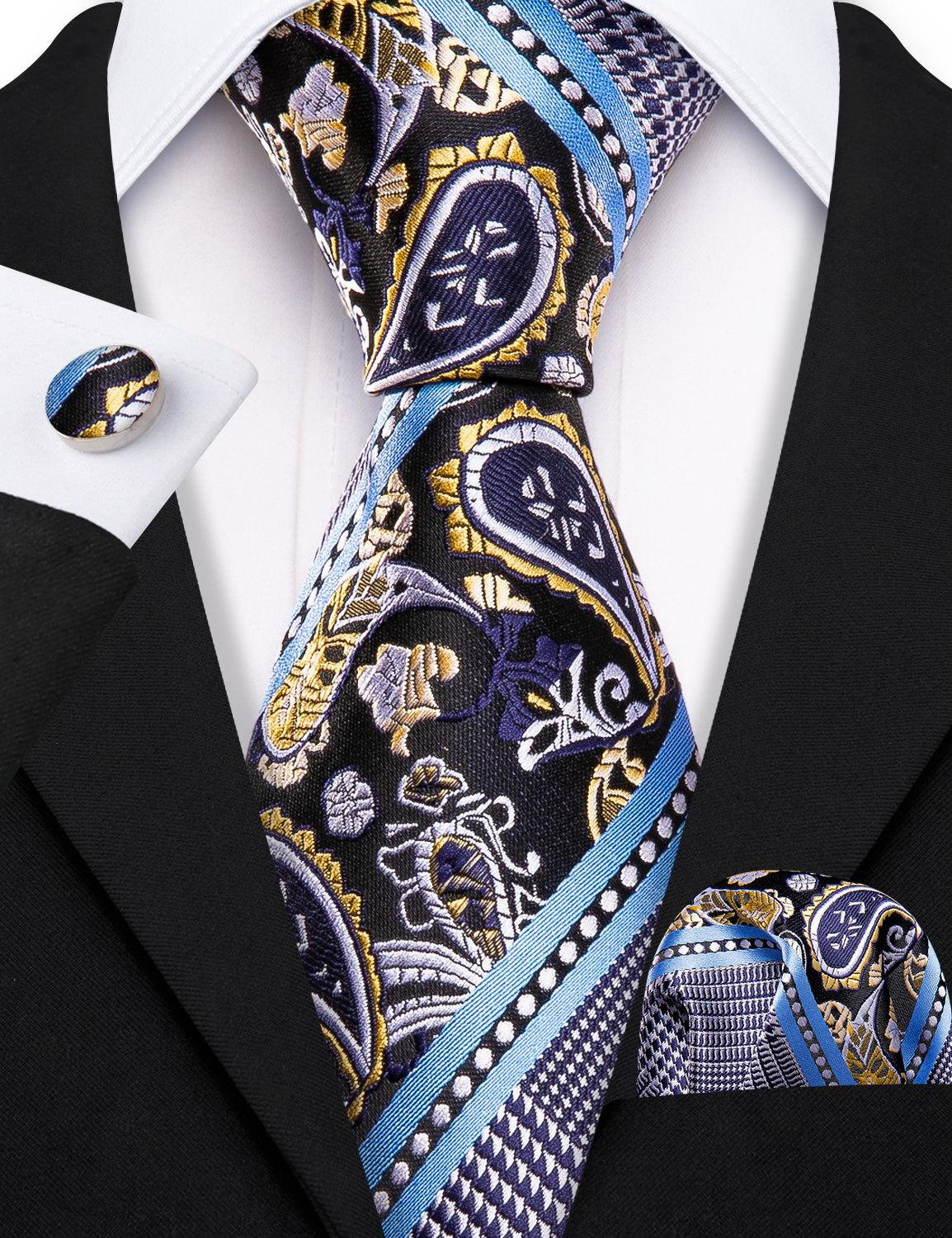Grey Blue Novelty Tie Pocket Square Cufflinks Set