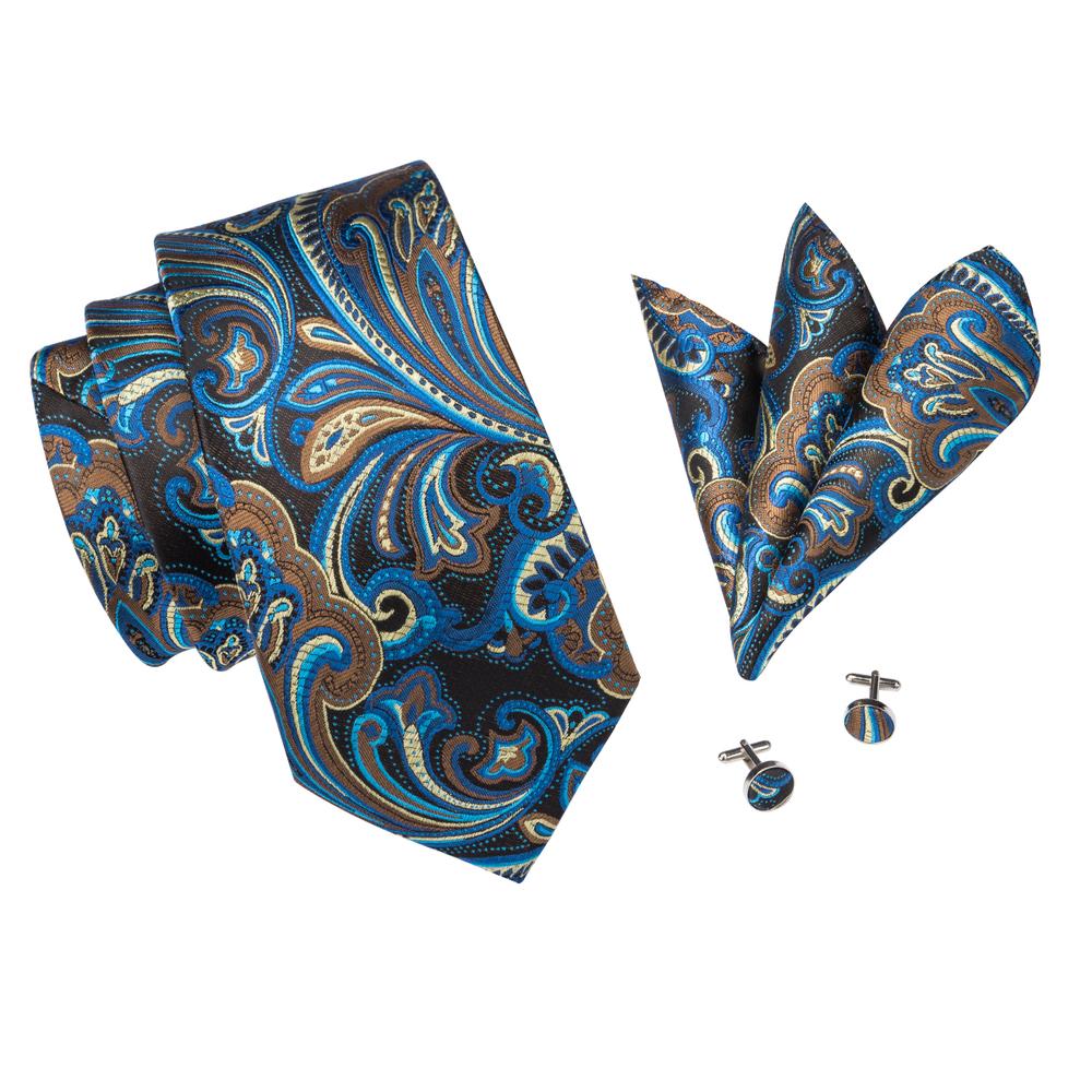 Brown Blue Floral Tie Pocket Square Cufflinks Set