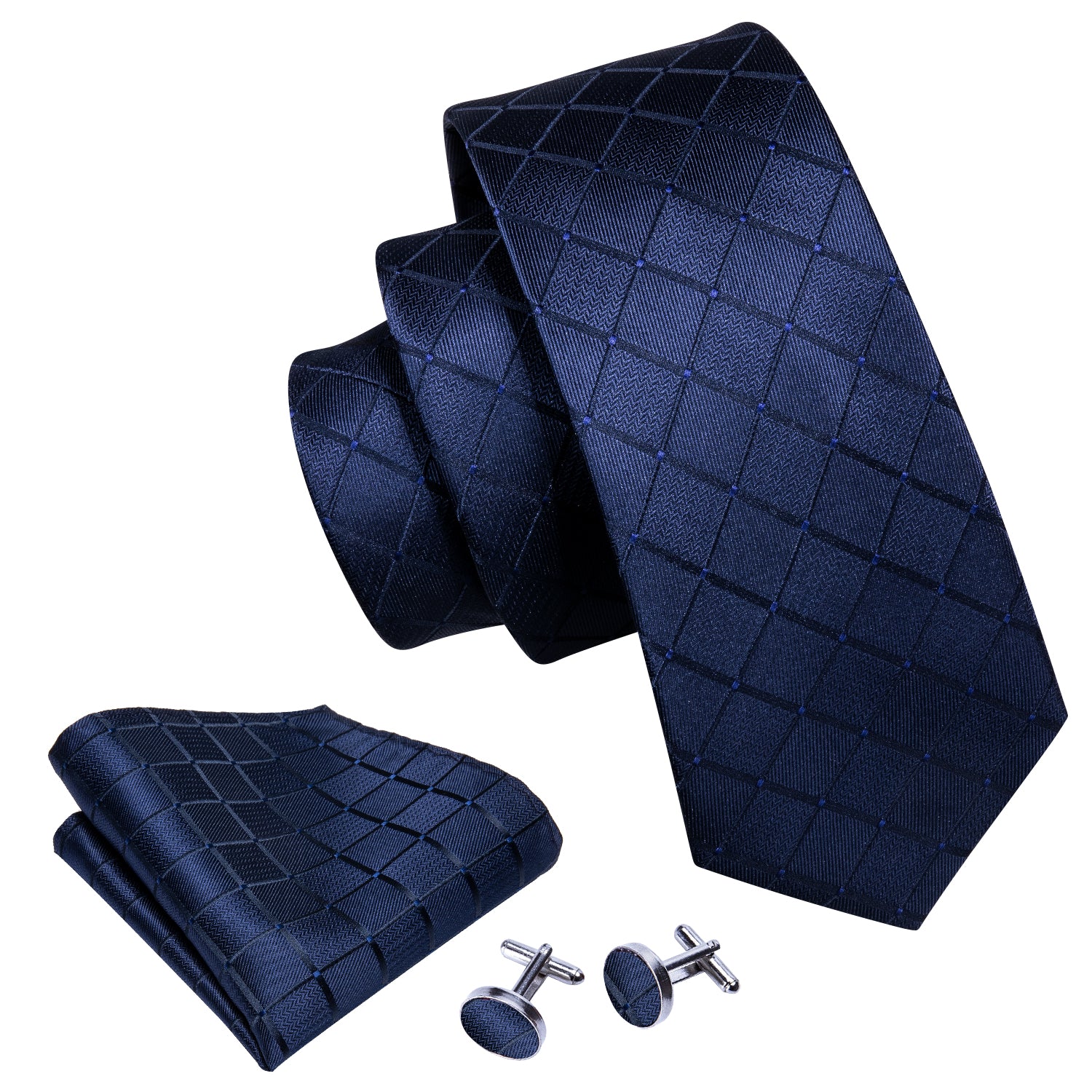  Fantastic Blue Necktie Plaid Tie Handkerchief Cufflinks Set