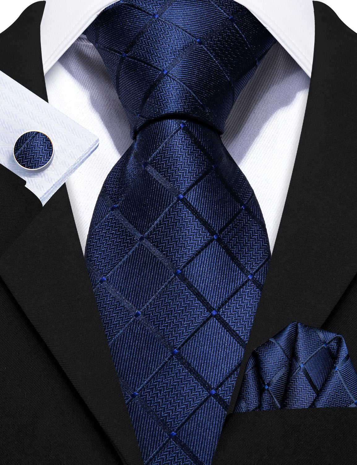  Fantastic Blue Necktie Plaid Tie Handkerchief Cufflinks Set