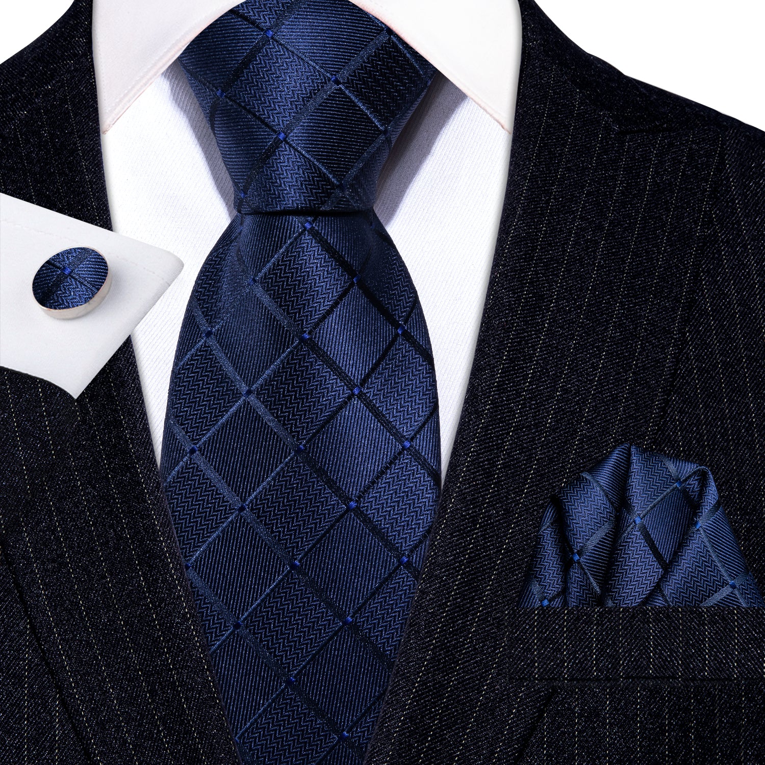  Fantastic Blue Necktie Plaid Tie Handkerchief Cufflinks Set