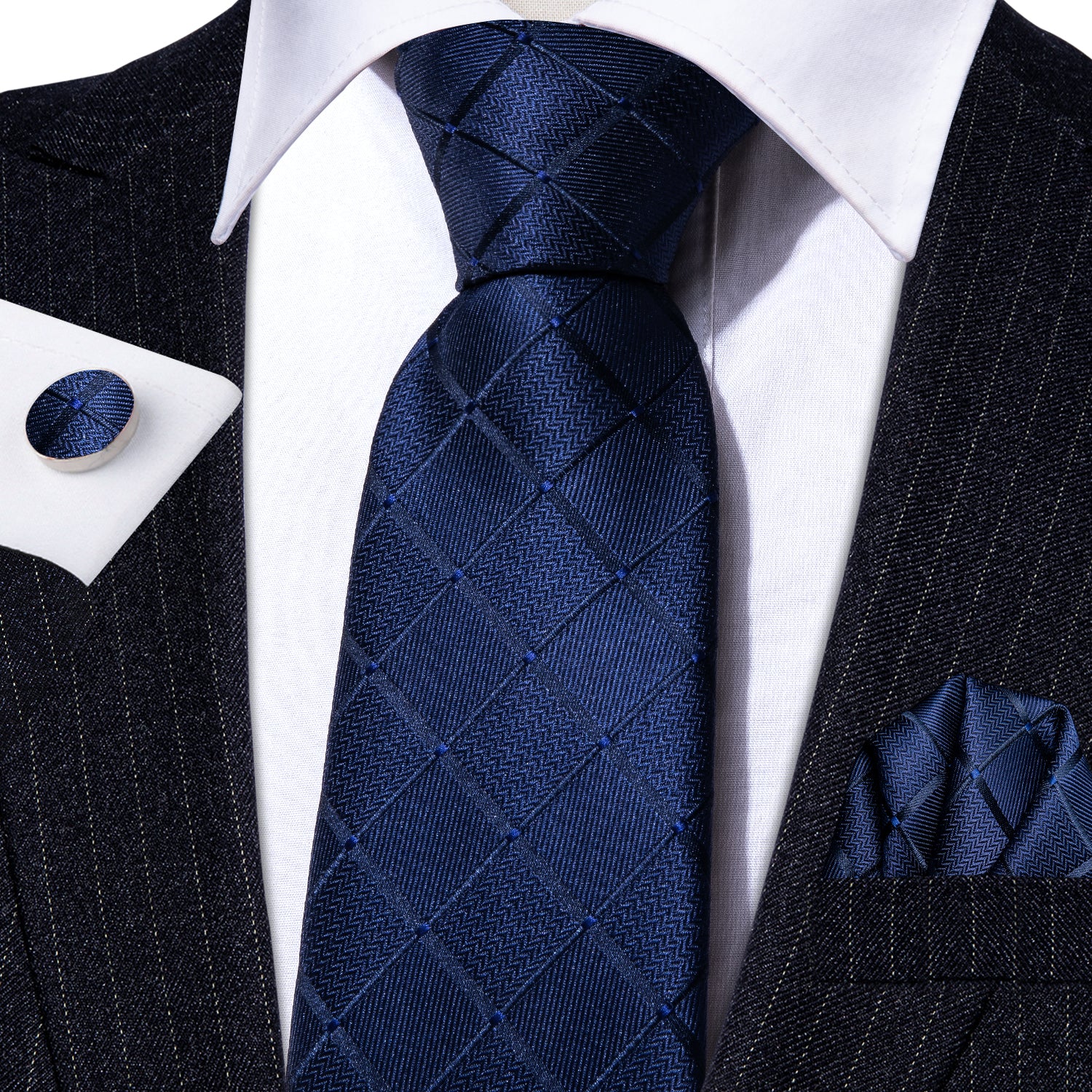  Fantastic Blue Necktie Plaid Tie Handkerchief Cufflinks Set