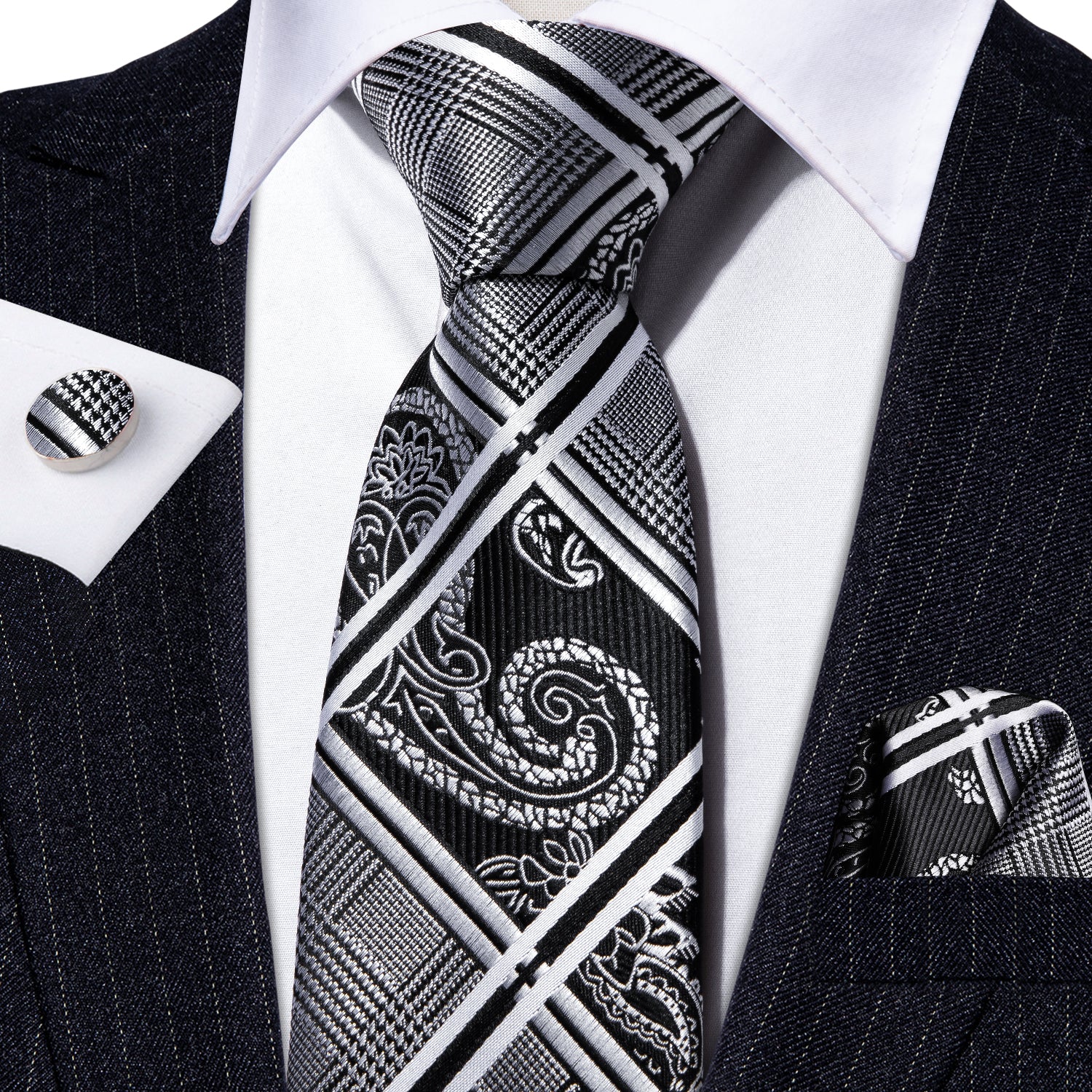 Barry.wang Black Tie Grey Plaid Men's Tie Pocket Square Cufflinks Set