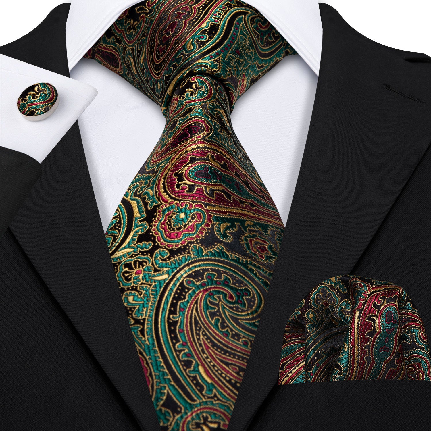 Barry.wang Green Tie Brown Paisley Silk Men's Tie Hanky Cufflinks Set