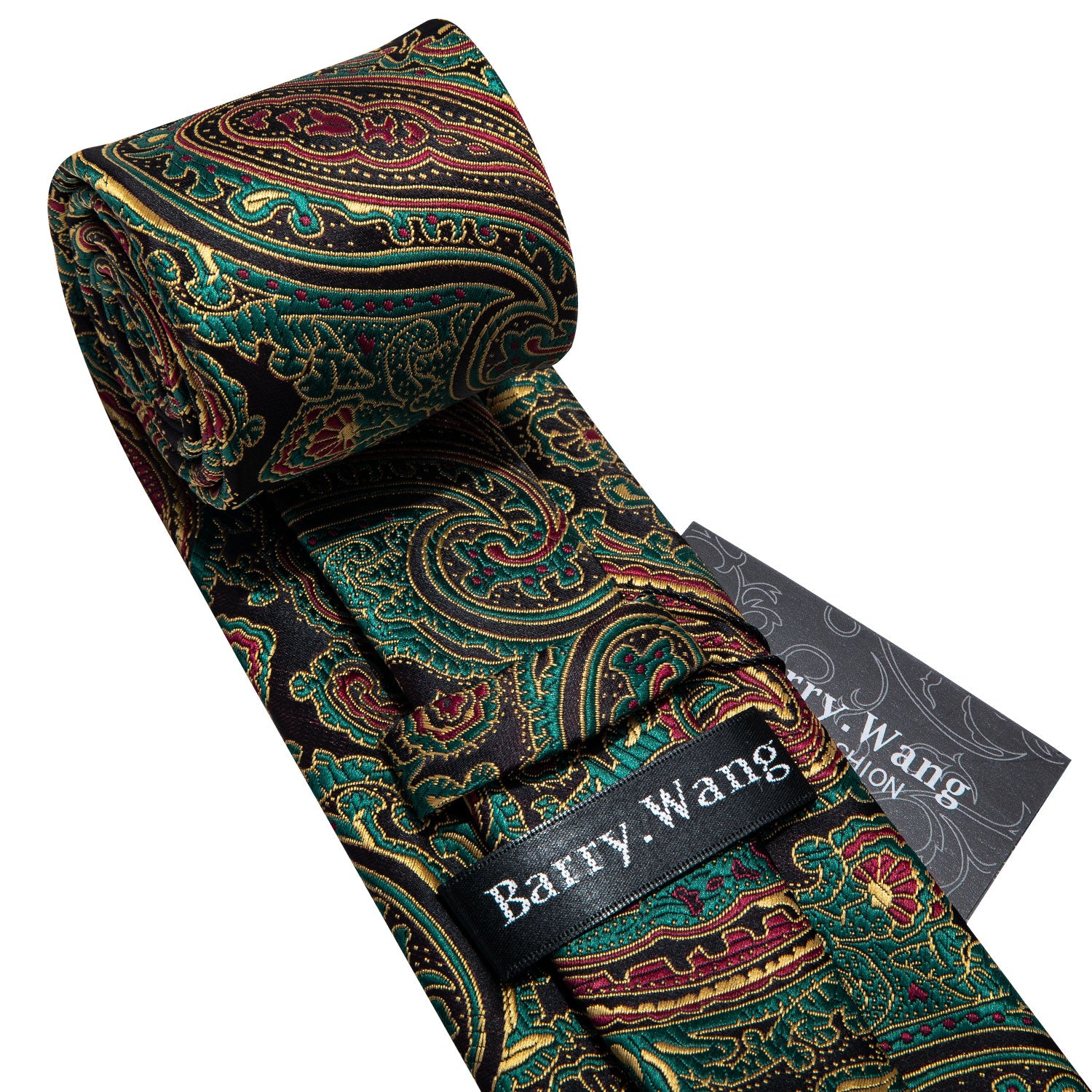 Barry.wang Green Tie Brown Paisley Silk Men's Tie Hanky Cufflinks Set