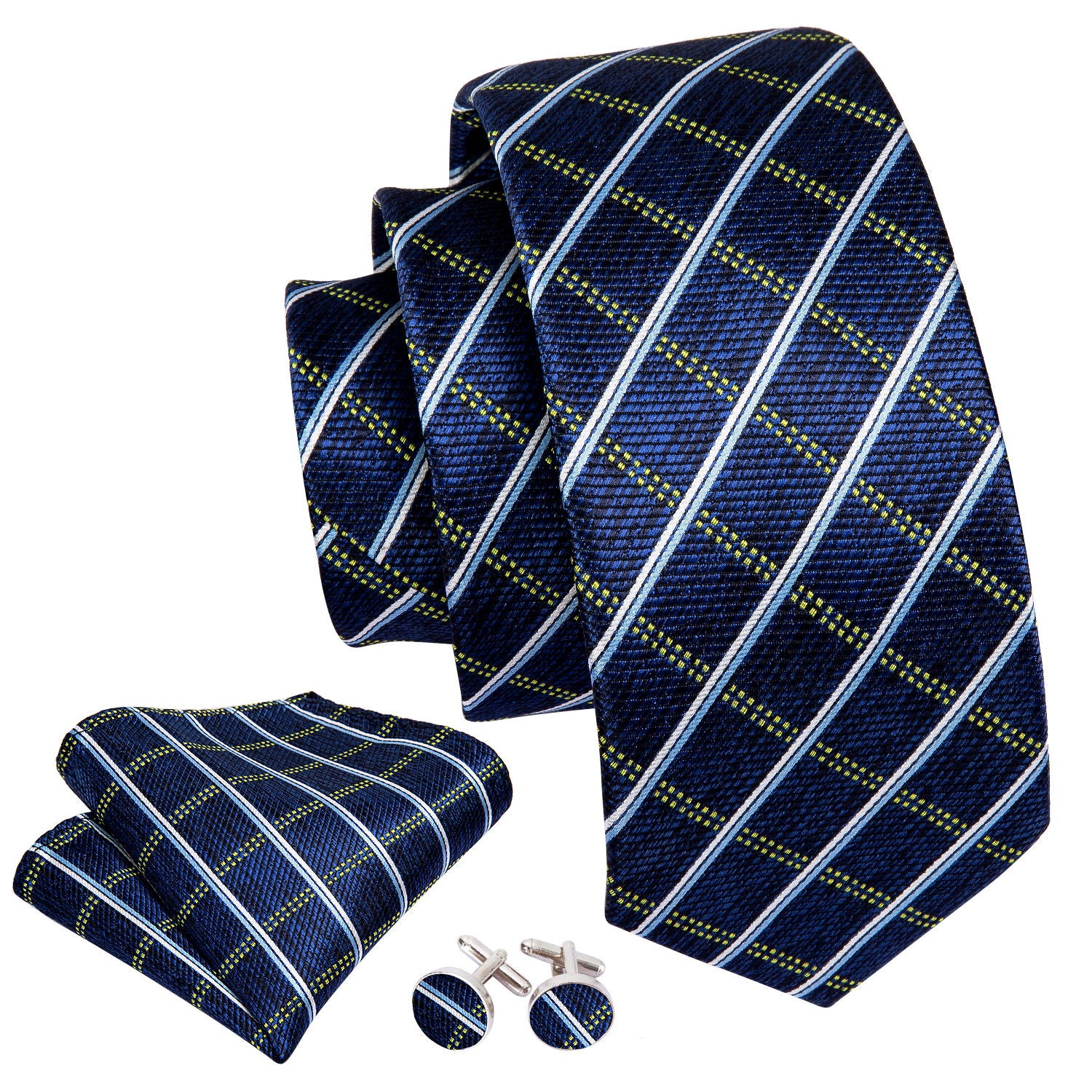 Royal Blue Plaid Tie Pocket Square Cufflinks Set