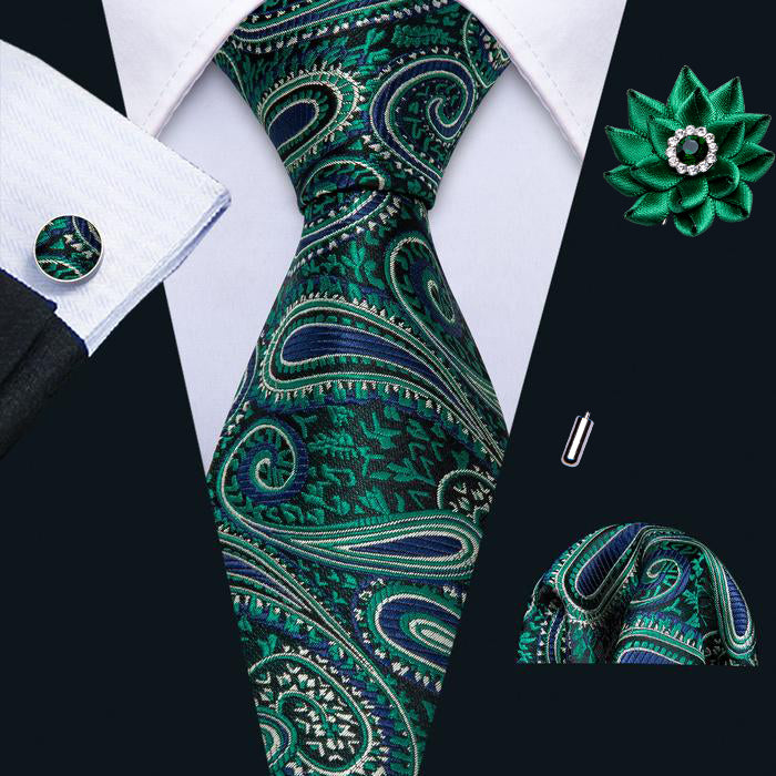 Green Paisley Tie Pocket Square Cufflinks Set 8.5cm Fashion Designer Neckties with Brooches Easy Matching
