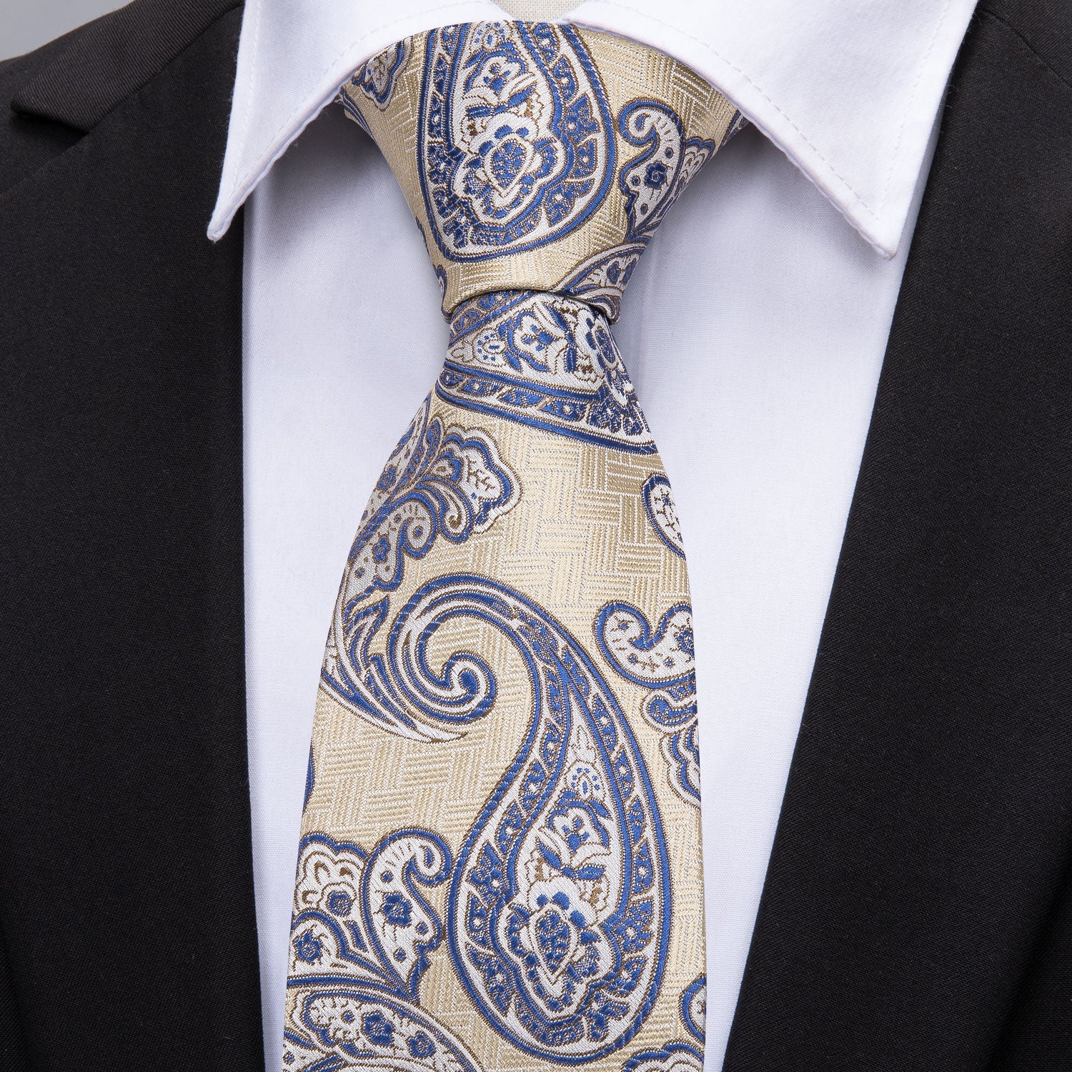Barry.wang Yellow Tie Blue Paisley Men's Silk Tie Hanky Cufflinks Set
