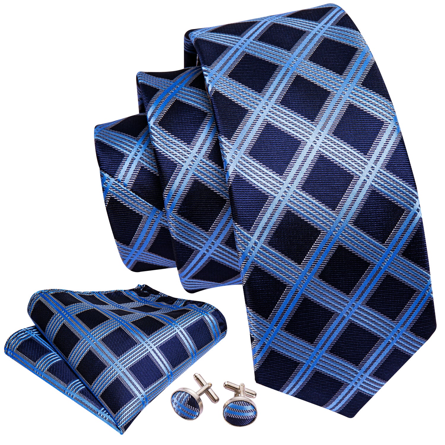 Dark Blue Tie Sky Blue Checkered Tie Hanky Cufflinks Set