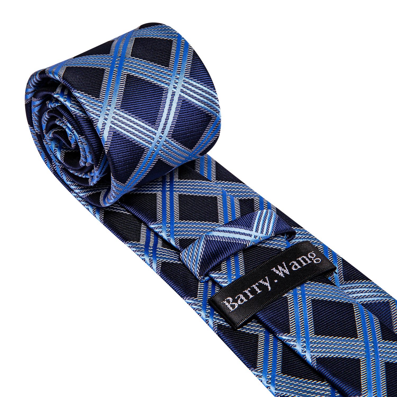 Dark Blue Tie Sky Blue Checkered Tie Hanky Cufflinks Set