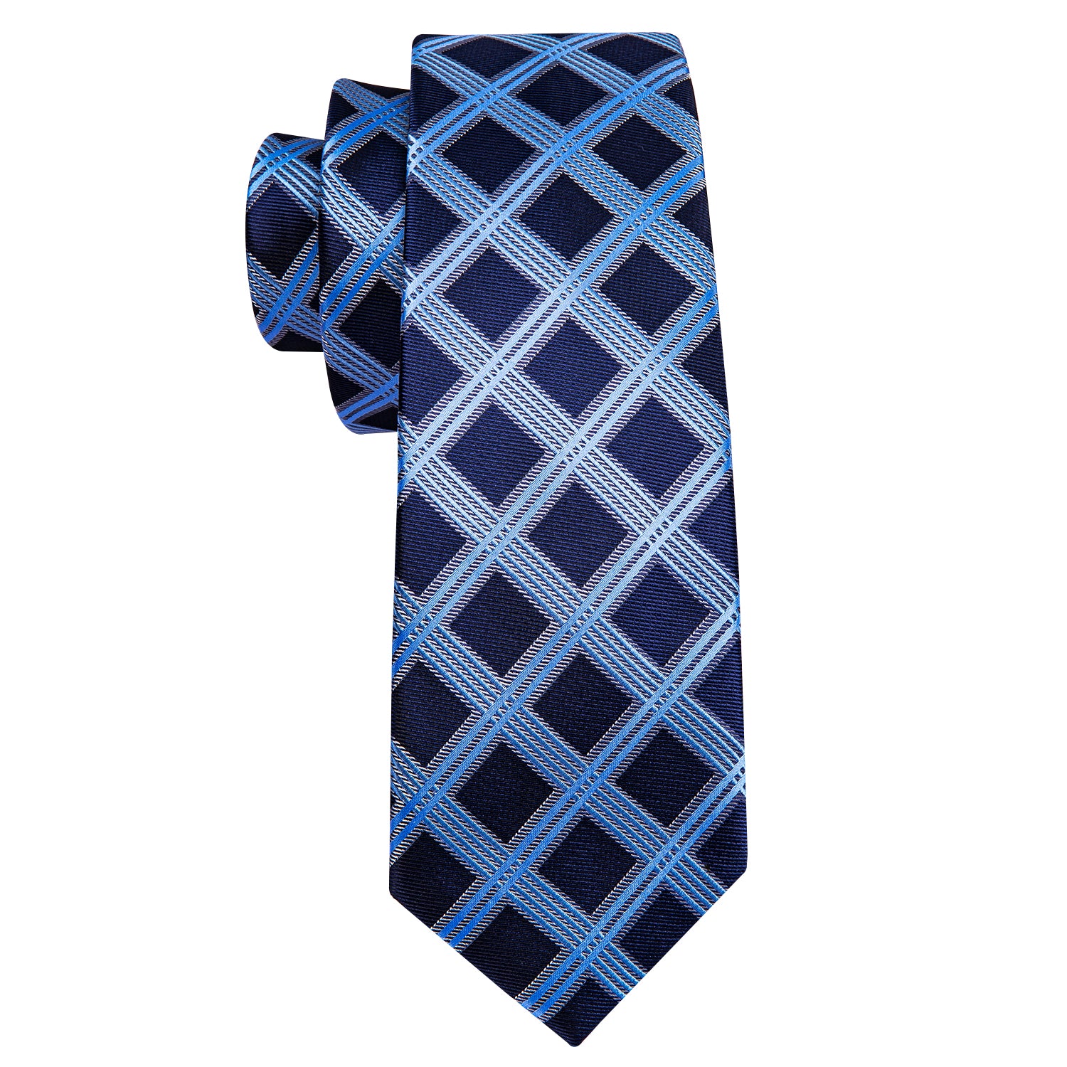 Dark Blue Tie Sky Blue Checkered Tie Hanky Cufflinks Set