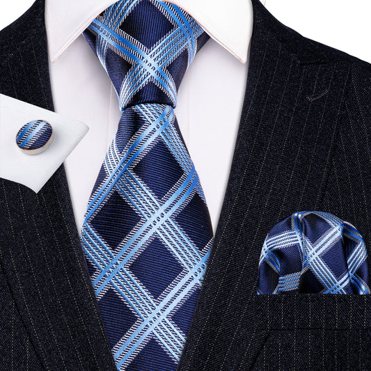Dark Blue Tie Sky Blue Checkered Tie Hanky Cufflinks Set
