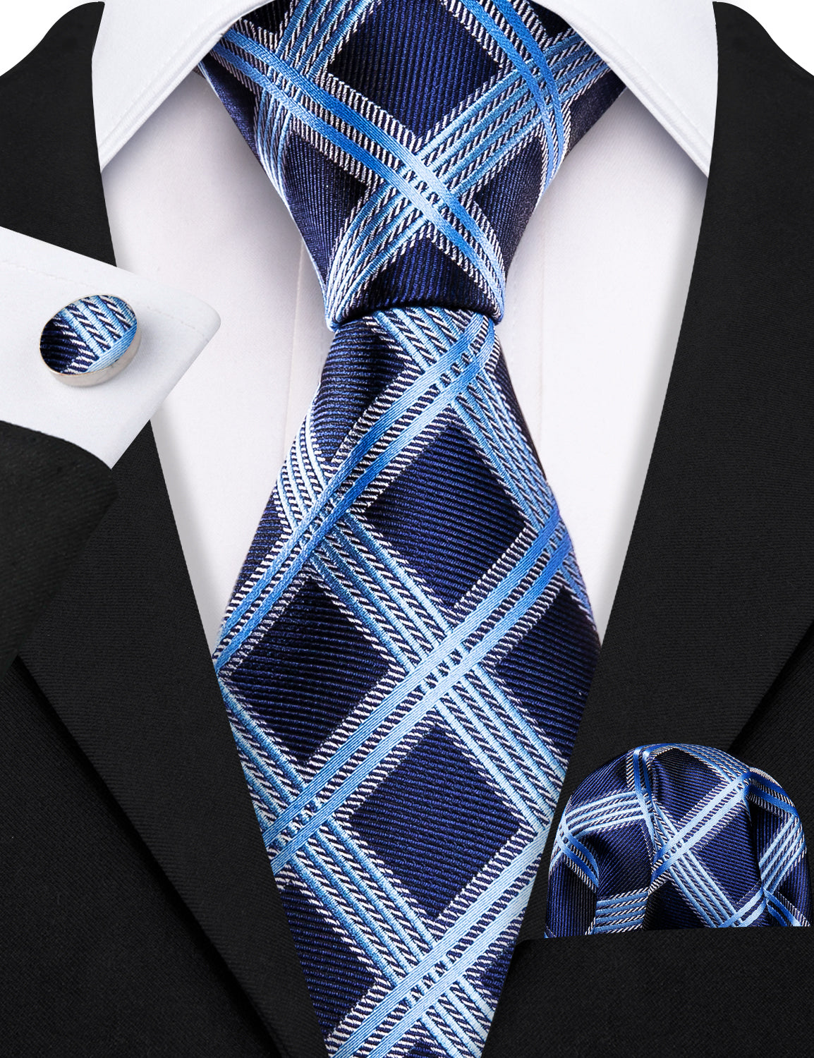 Dark Blue Tie Sky Blue Checkered Tie Hanky Cufflinks Set