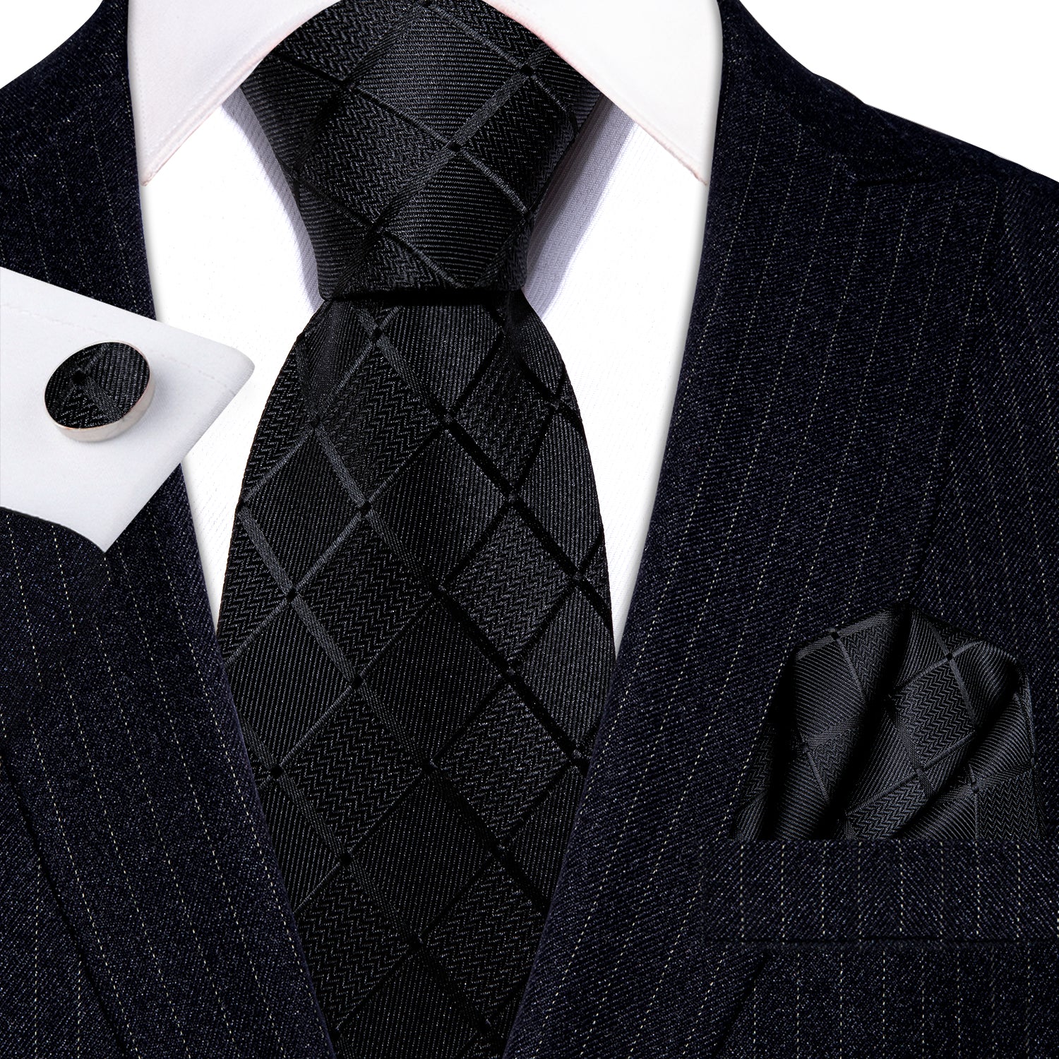 Pure Black Plaid Silk Men's Tie Set Tie Pocket Square Cufflinks Set