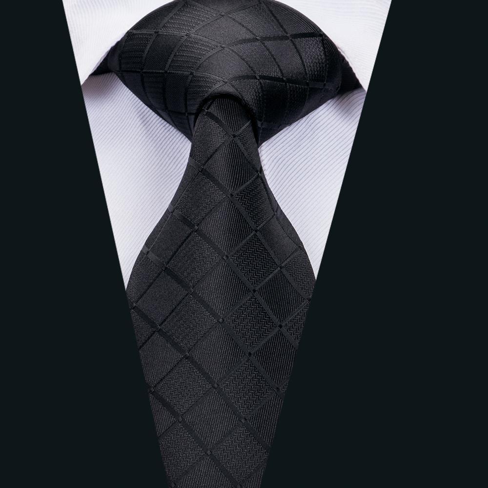 Pure Black Plaid Silk Men's Tie Set Tie Pocket Square Cufflinks Set - barry-wang
