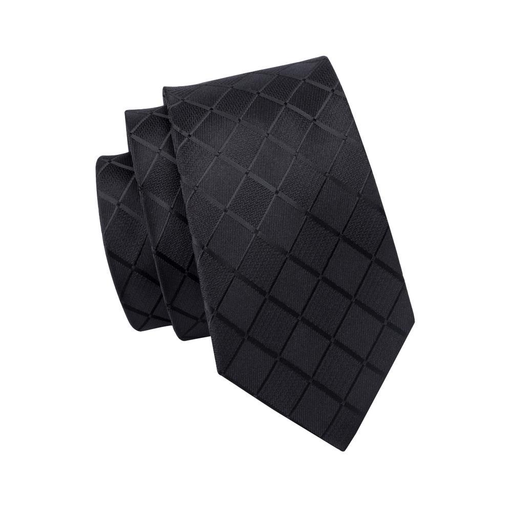 Pure Black Plaid Silk Men's Tie Set Tie Pocket Square Cufflinks Set - barry-wang