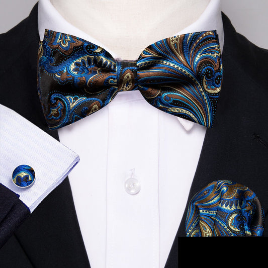  Blue Brown Paisley Pre-tied Bow Tie Hanky Cufflinks Set