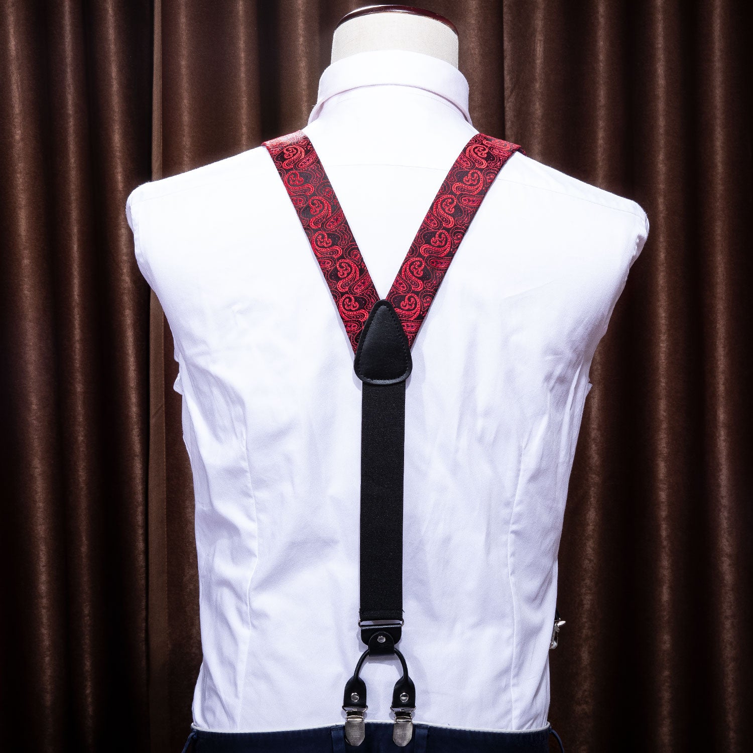 Red Floral Y Back Adjustable Bow Tie Suspenders Set