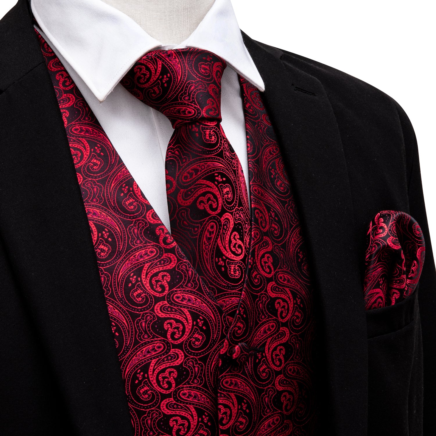 Men's Red Floral Silk Vest Necktie Pocket square Cufflinks