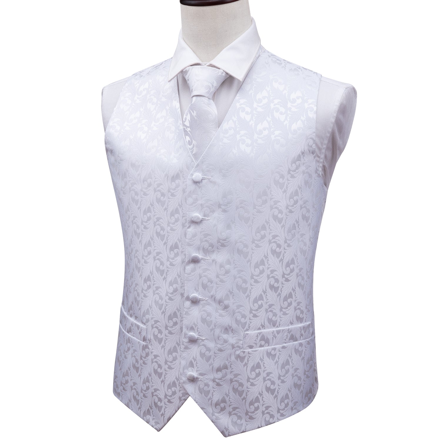 Men's  White Silk Vest Necktie Pocket square Cufflinks