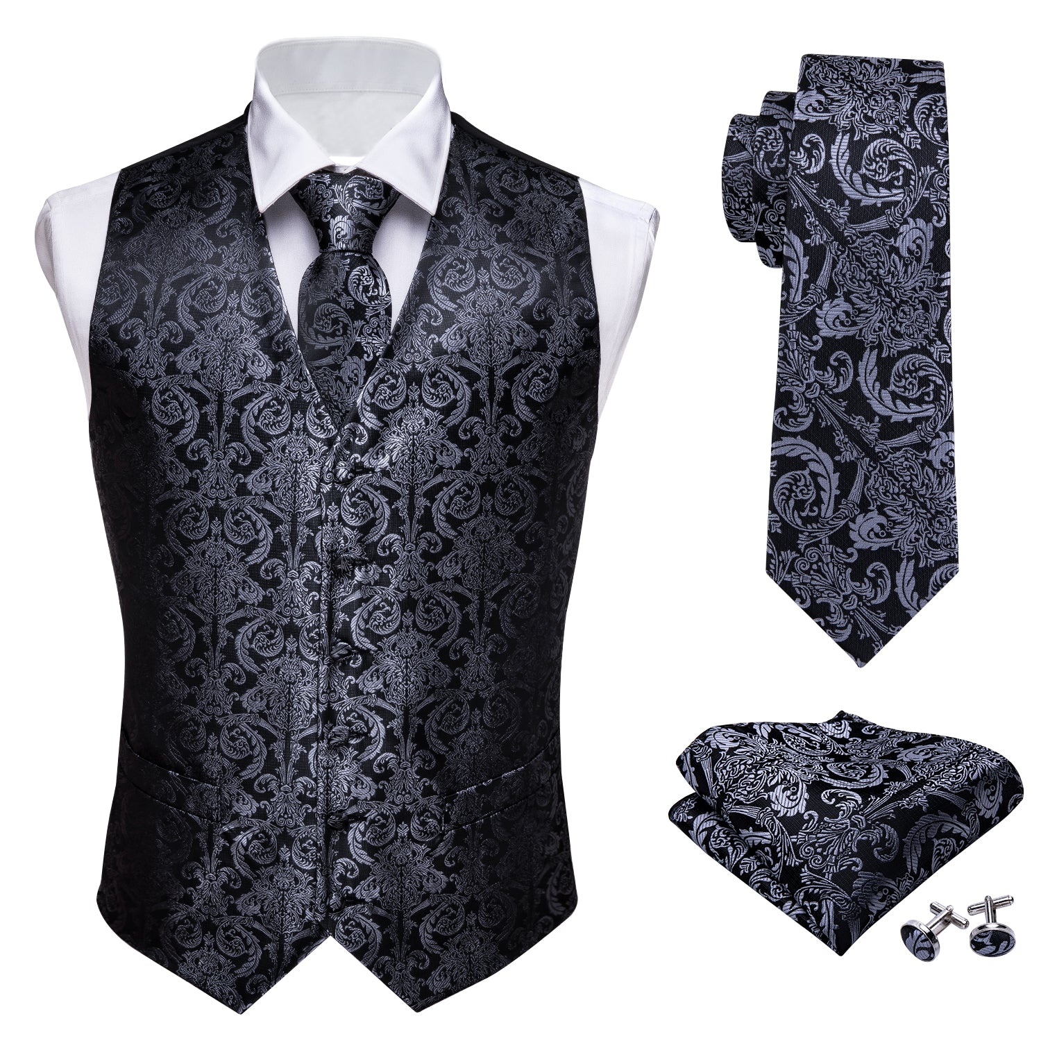 Men's Black Grey Floral Silk Vest Necktie Pocket square Cufflinks