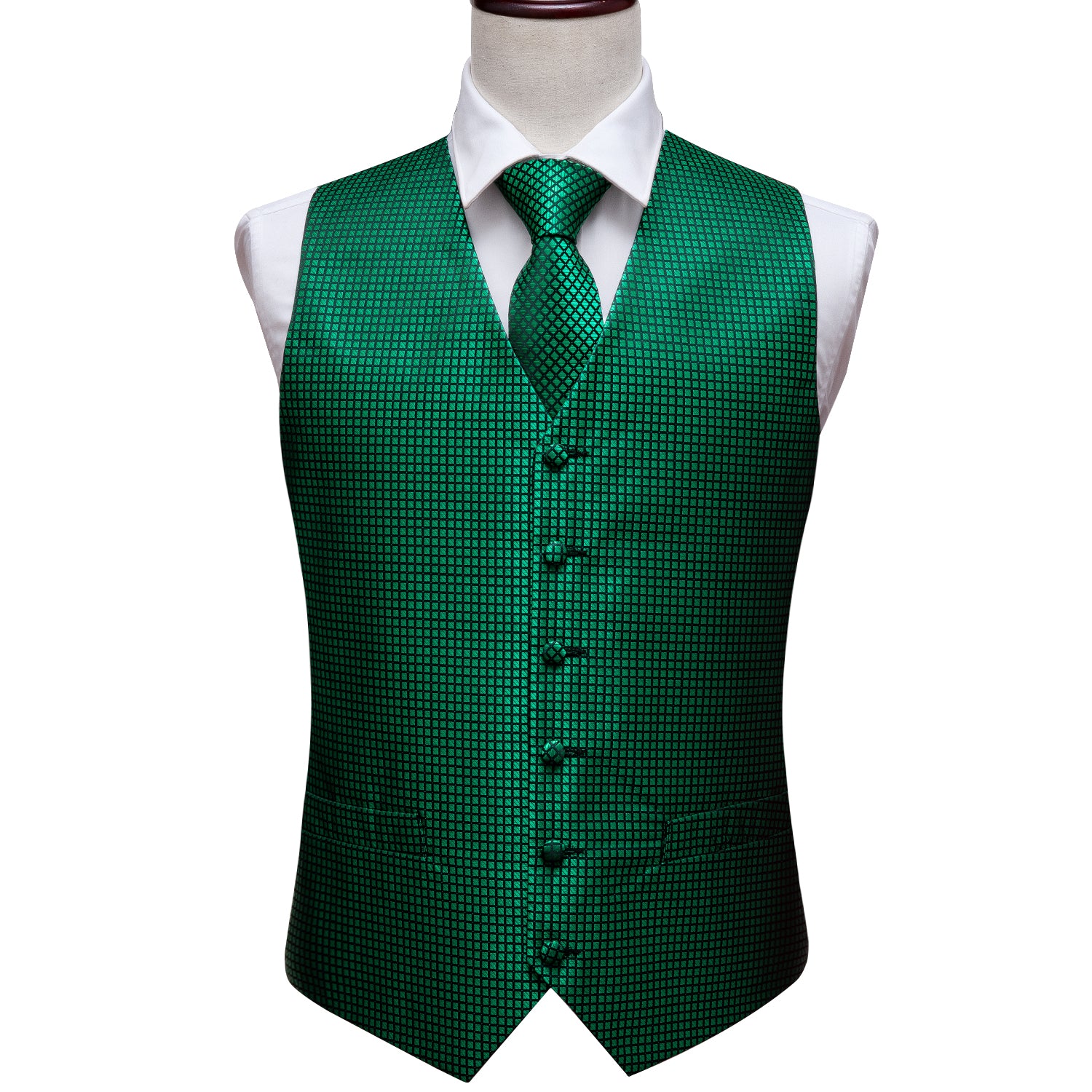 Men's Green Plaid Silk Vest Necktie  Pocket square Cufflinks