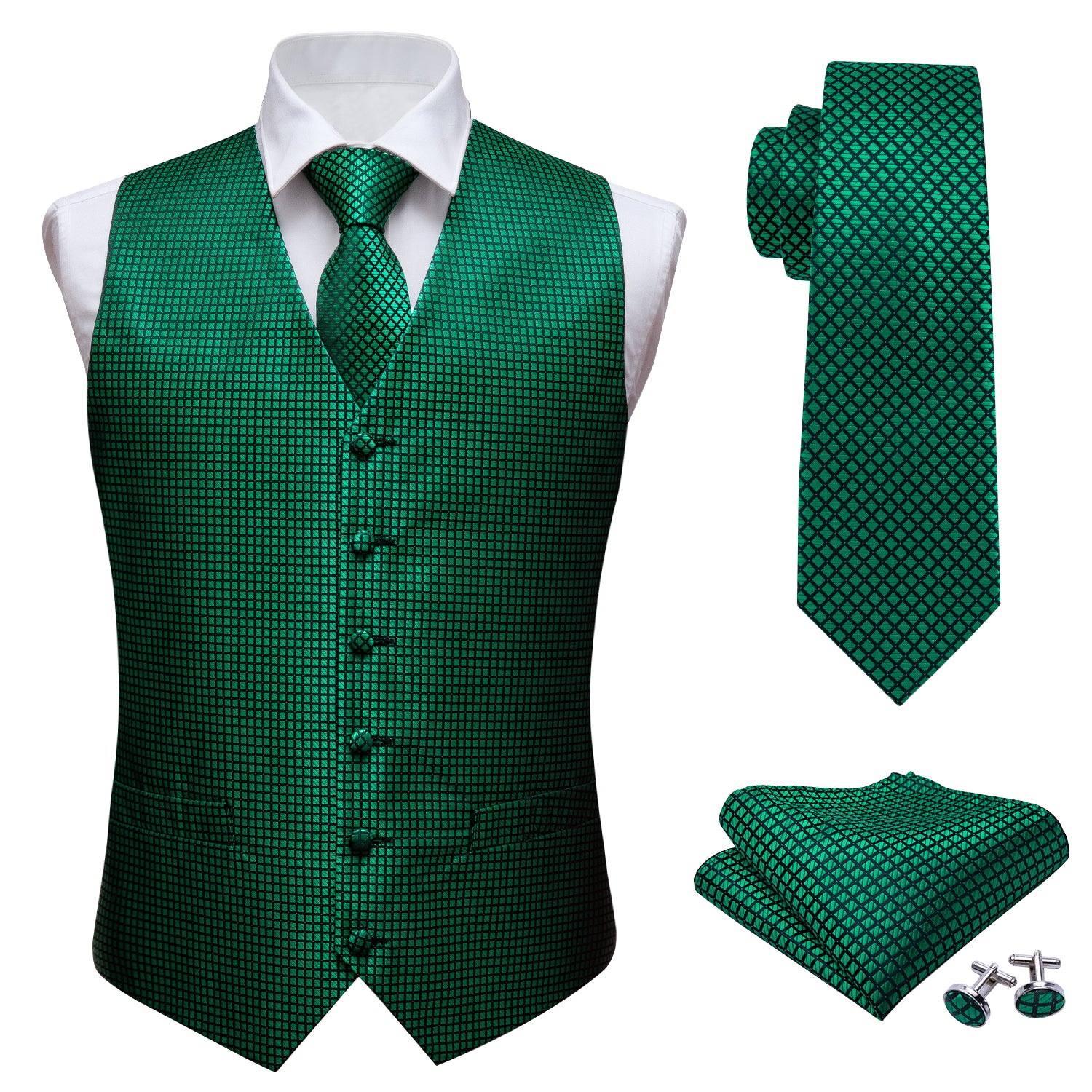 Men's Green Plaid Silk Vest Necktie  Pocket square Cufflinks