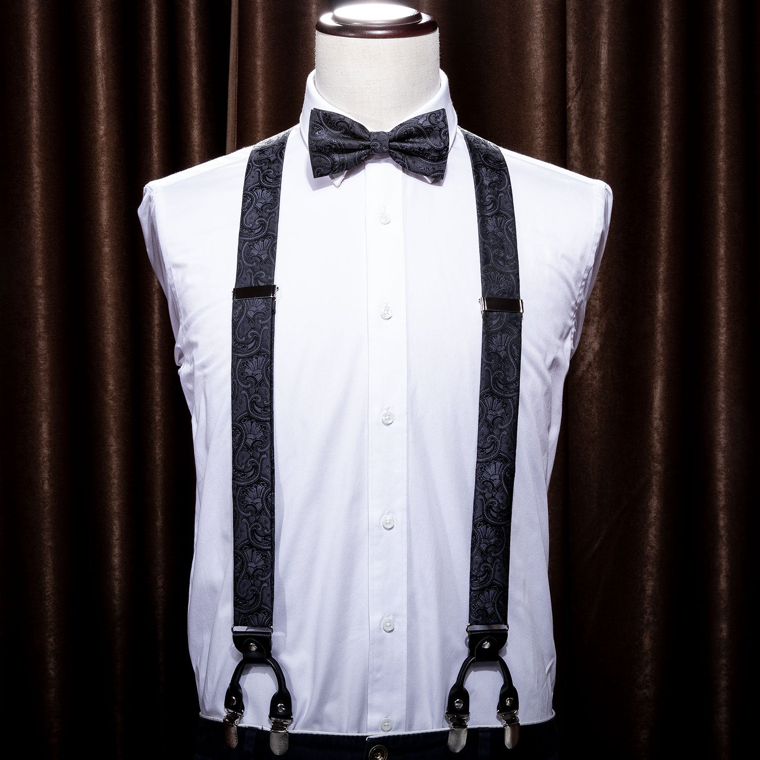 Black Floral Y Back Adjustable Bow Tie Suspenders Set