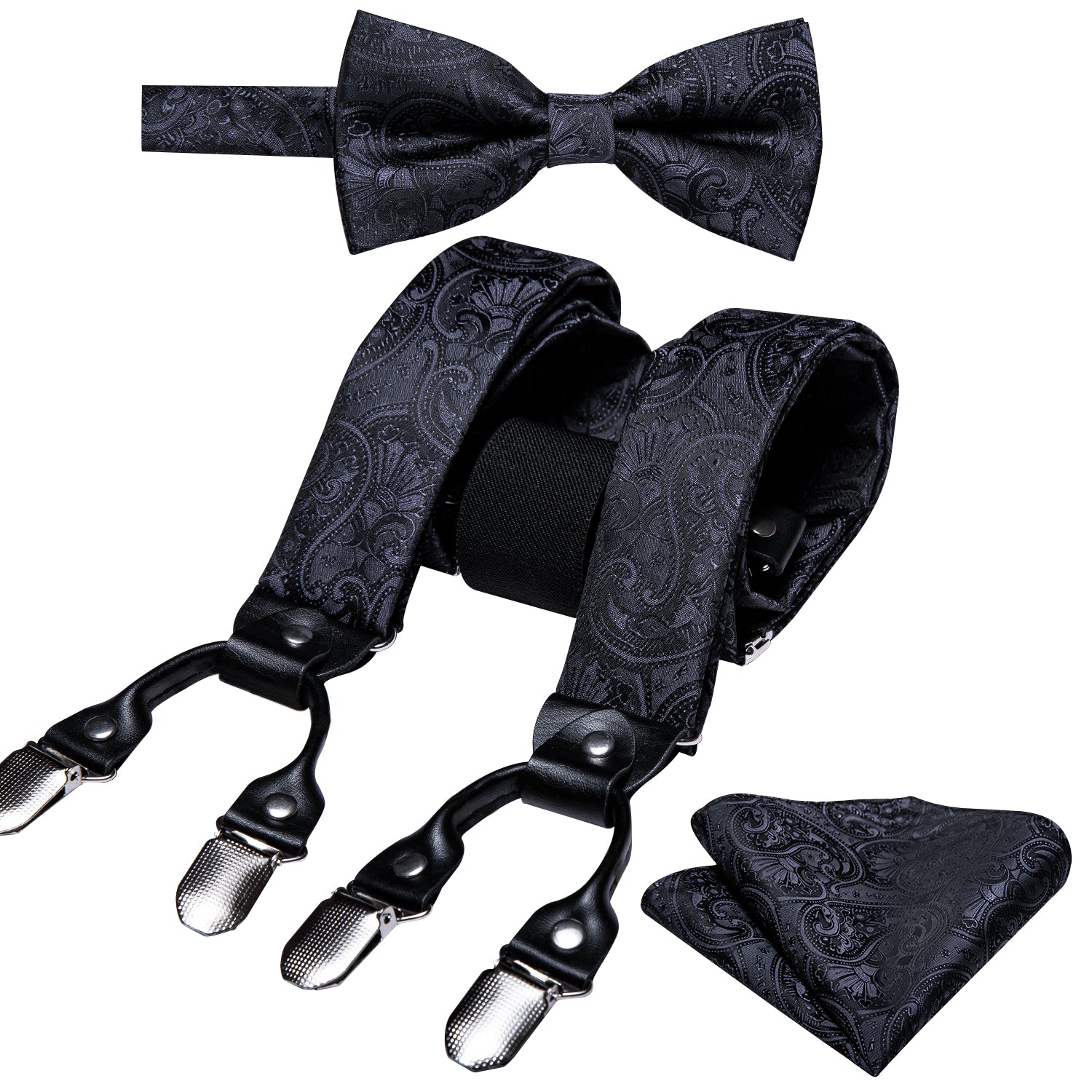 Barry.wang Black Tie Floral Y Back Adjustable Bow Tie Suspenders Set