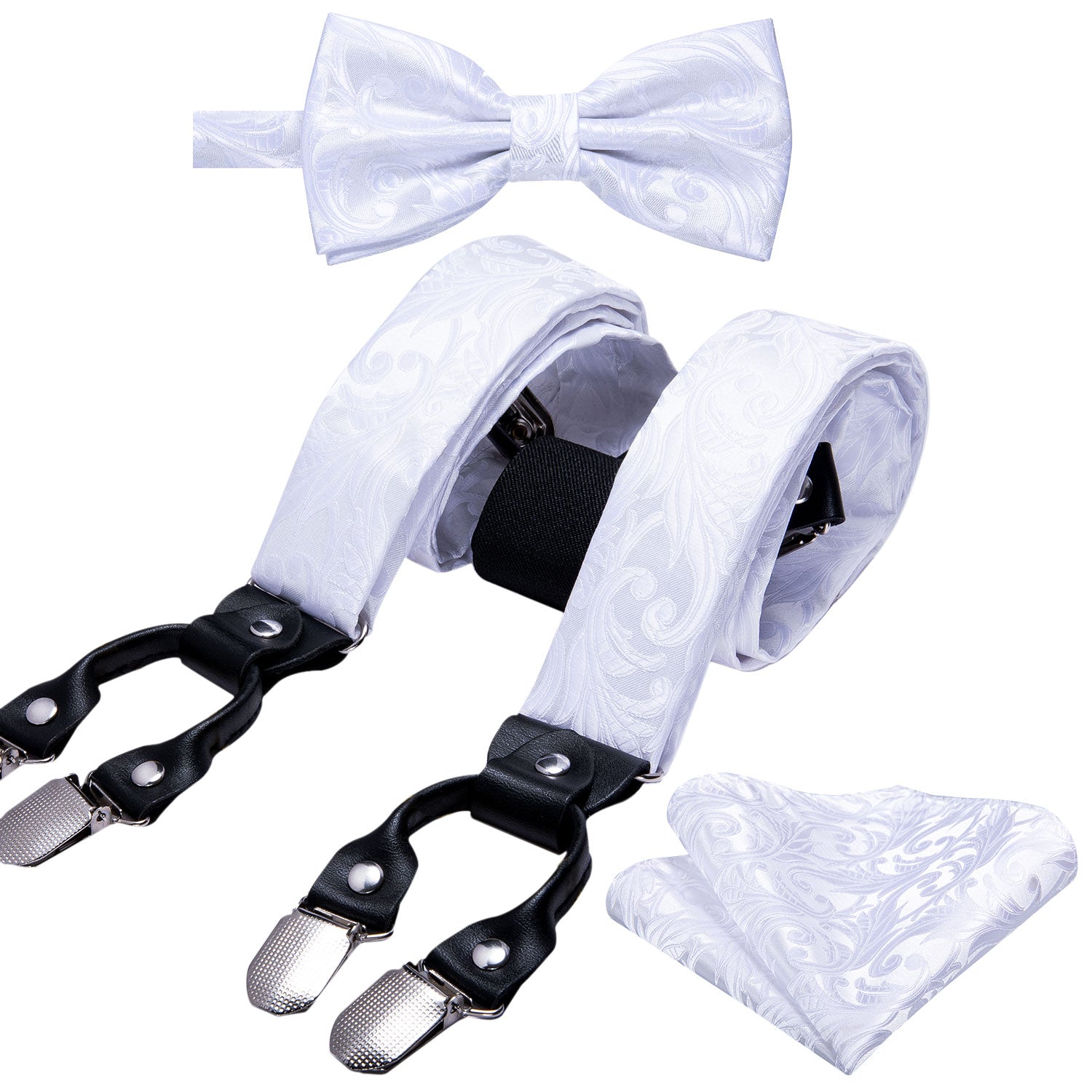 Barry.wang White Tie Floral Y Back Adjustable Suspenders Bow Tie Set