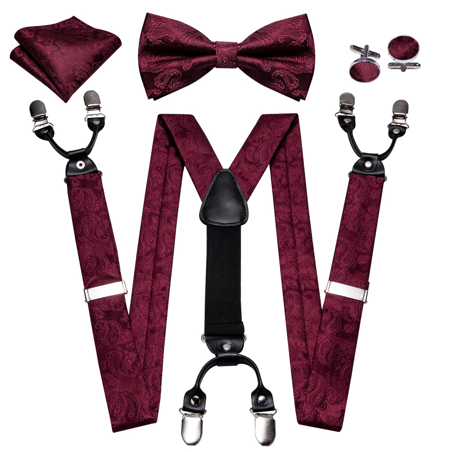 Barry.wang Red Tie Burgundy Paisley Y Back Adjustable Suspenders Bow Tie Set