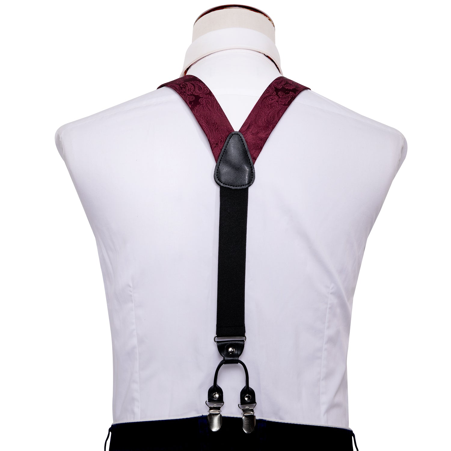 Barry.wang Red Tie Burgundy Paisley Y Back Adjustable Suspenders Bow Tie Set