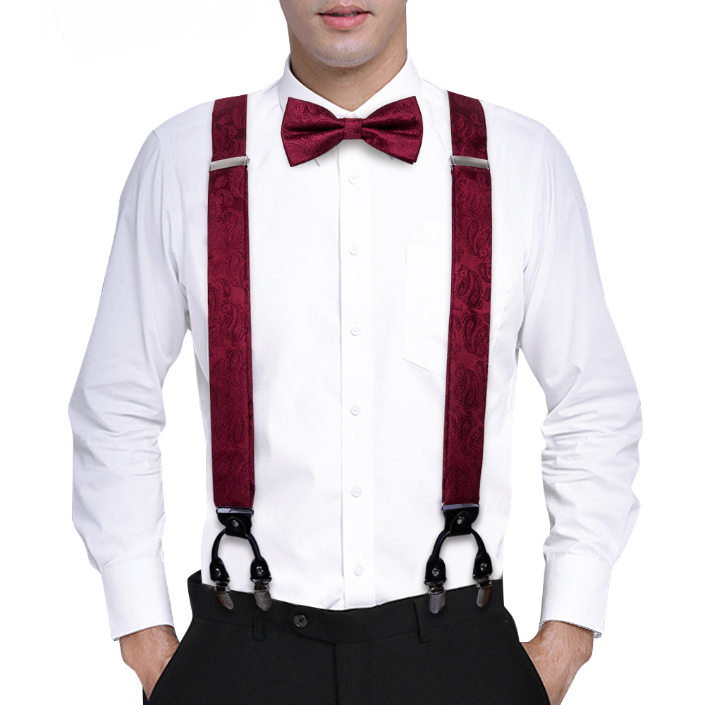 Burgundy Paisley Y Back Adjustable  Suspenders Bow Tie Set