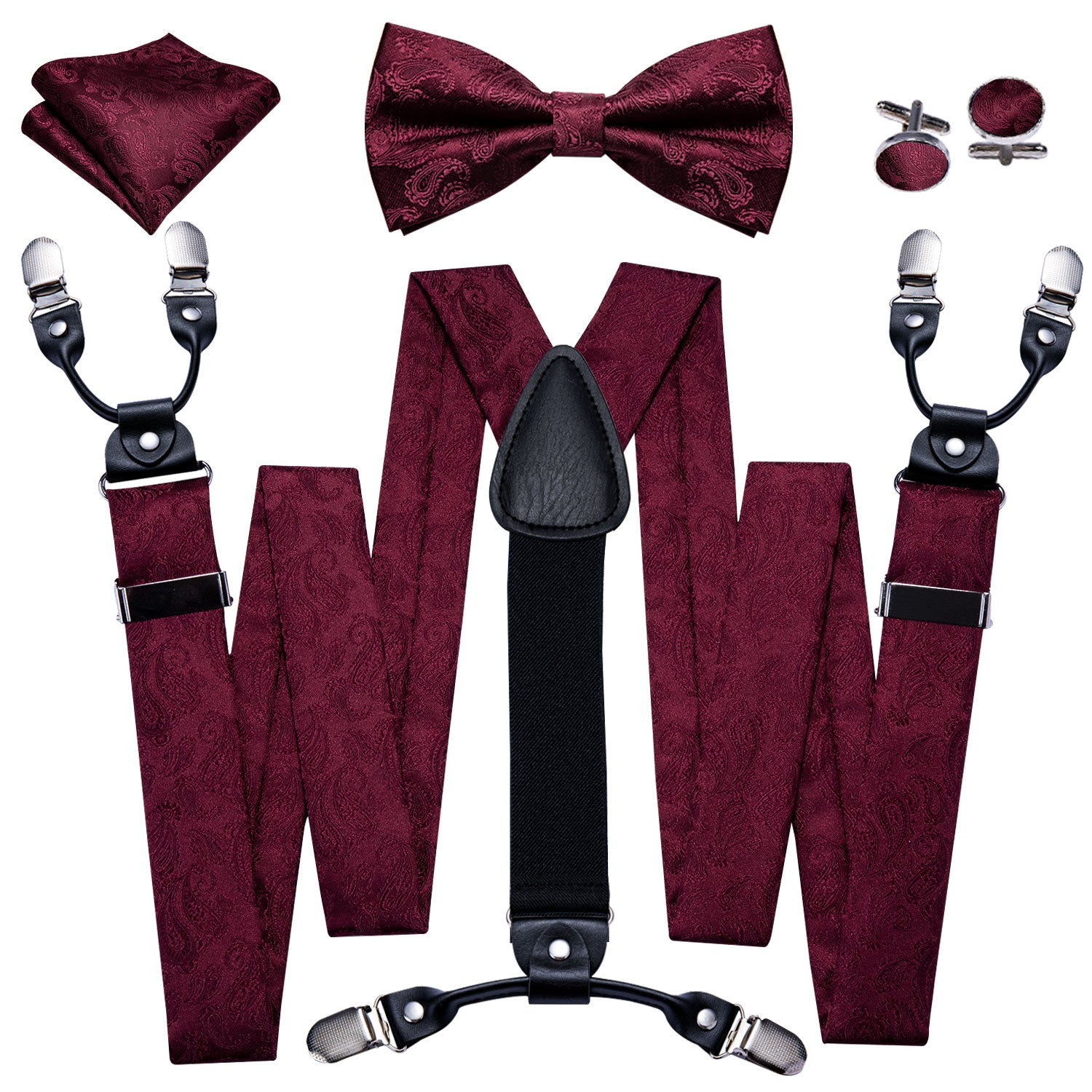 Burgundy Paisley Y Back Adjustable  Suspenders Bow Tie Set
