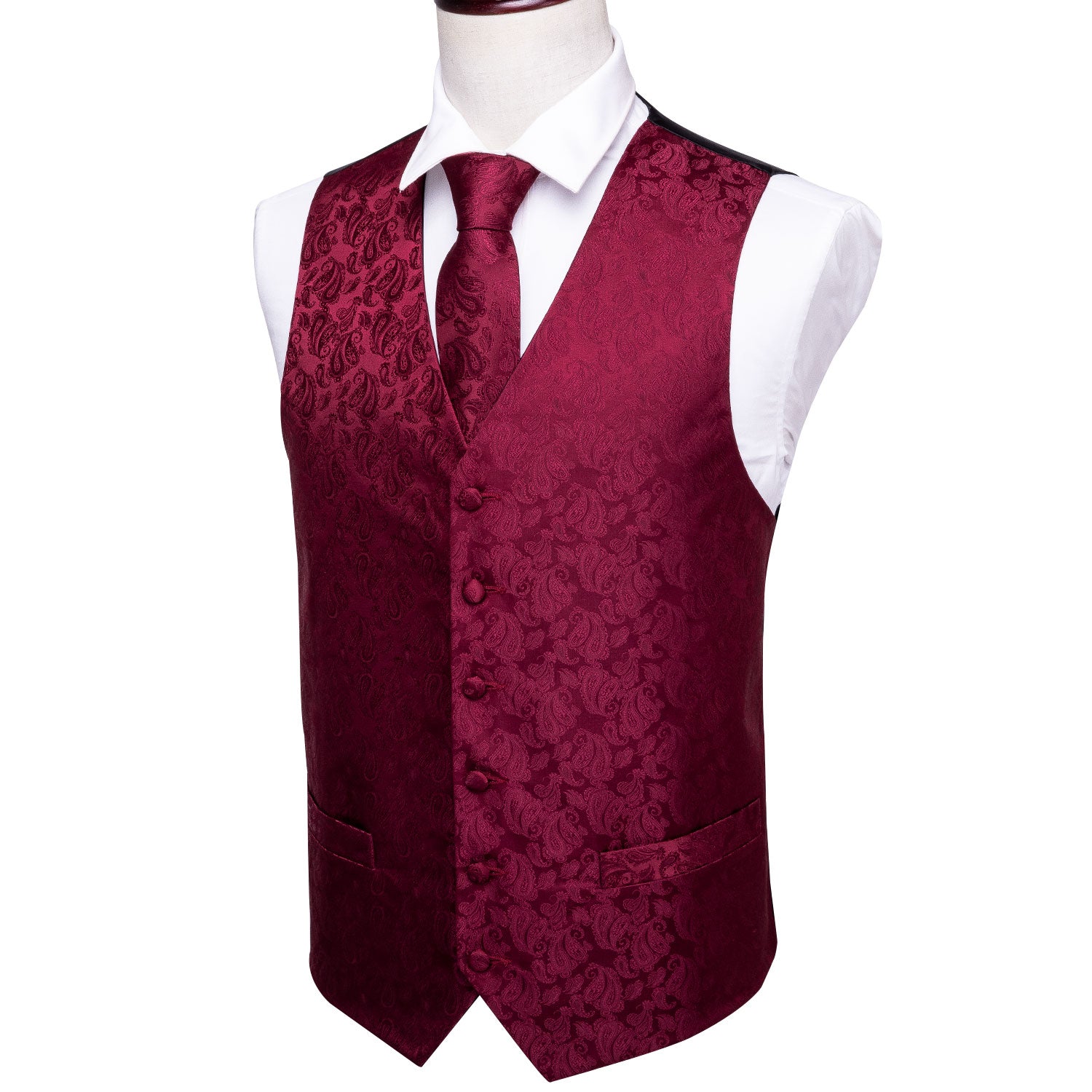 Men's  Red Paisley Silk Vest Necktie Pocket square Cufflinks