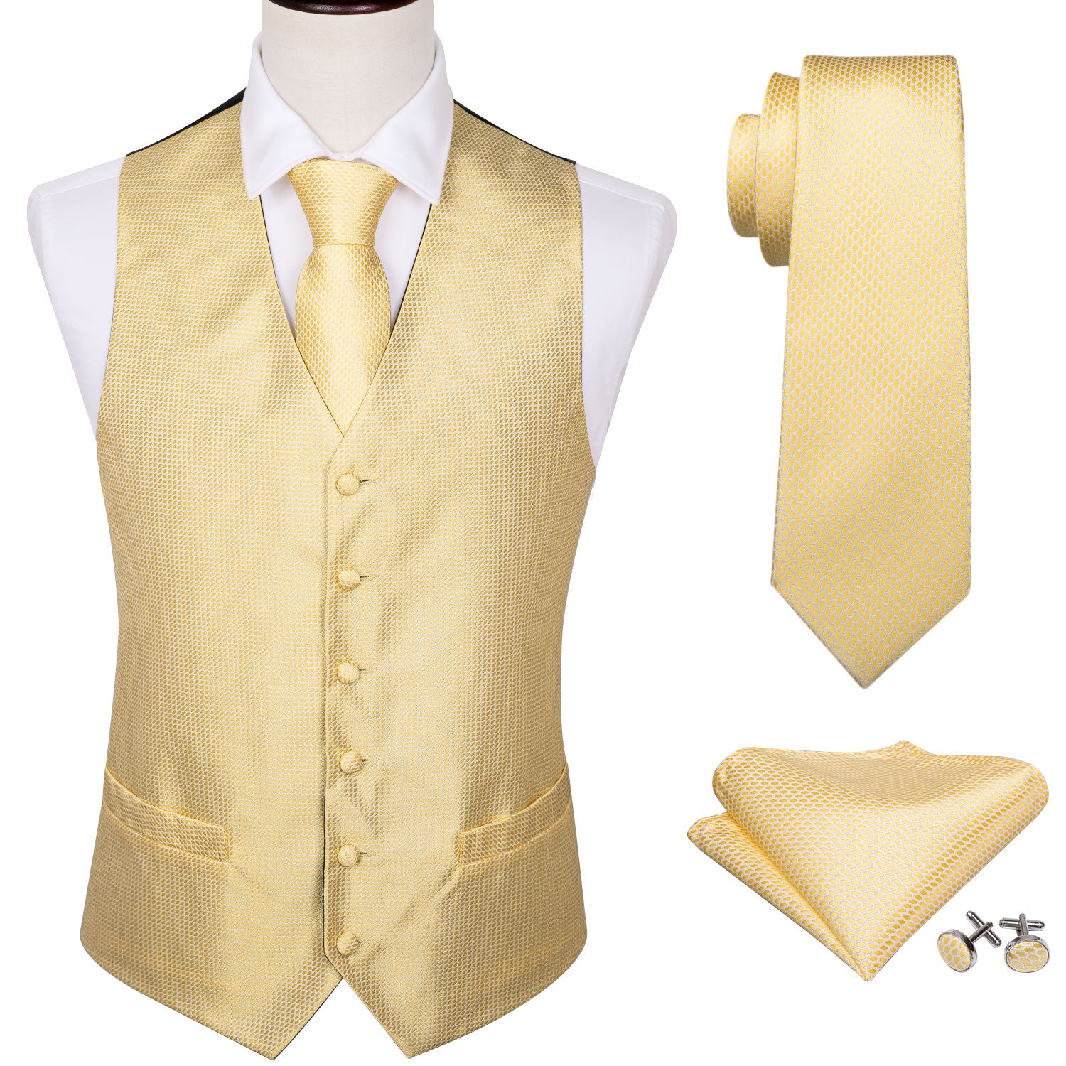 Men's Cream Dot Silk Vest Necktie Pocket square Cufflinks