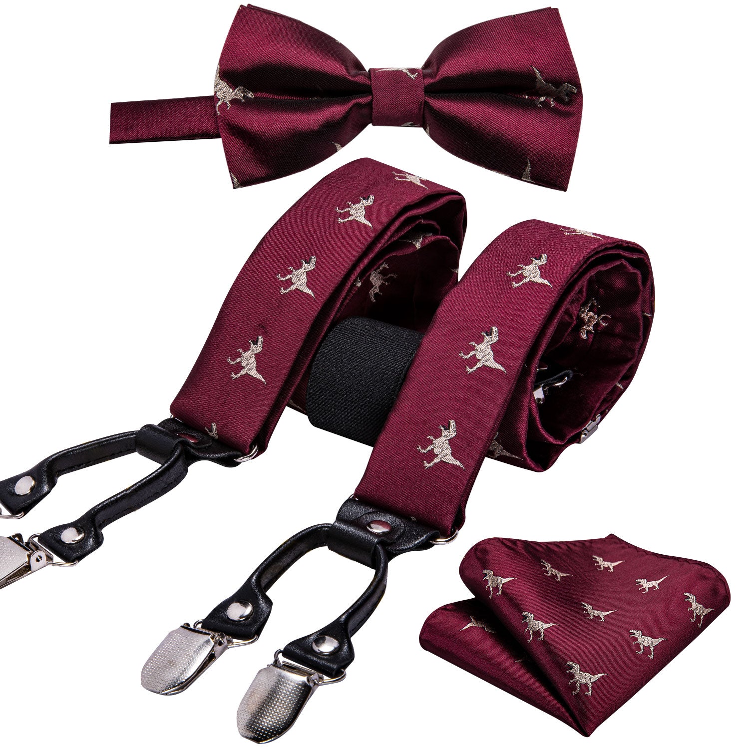 Red Dinosaur Y Back Adjustable Suspenders Bow Tie Set
