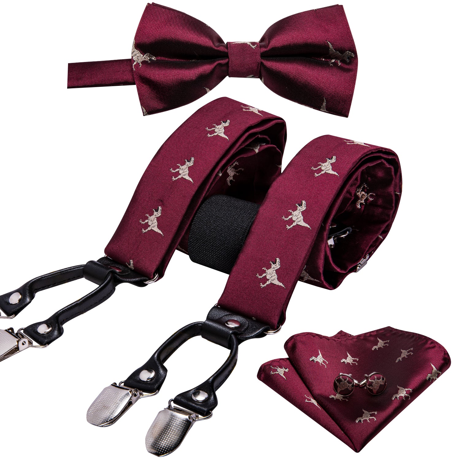 Red Dinosaur Y Back Adjustable Suspenders Bow Tie Set