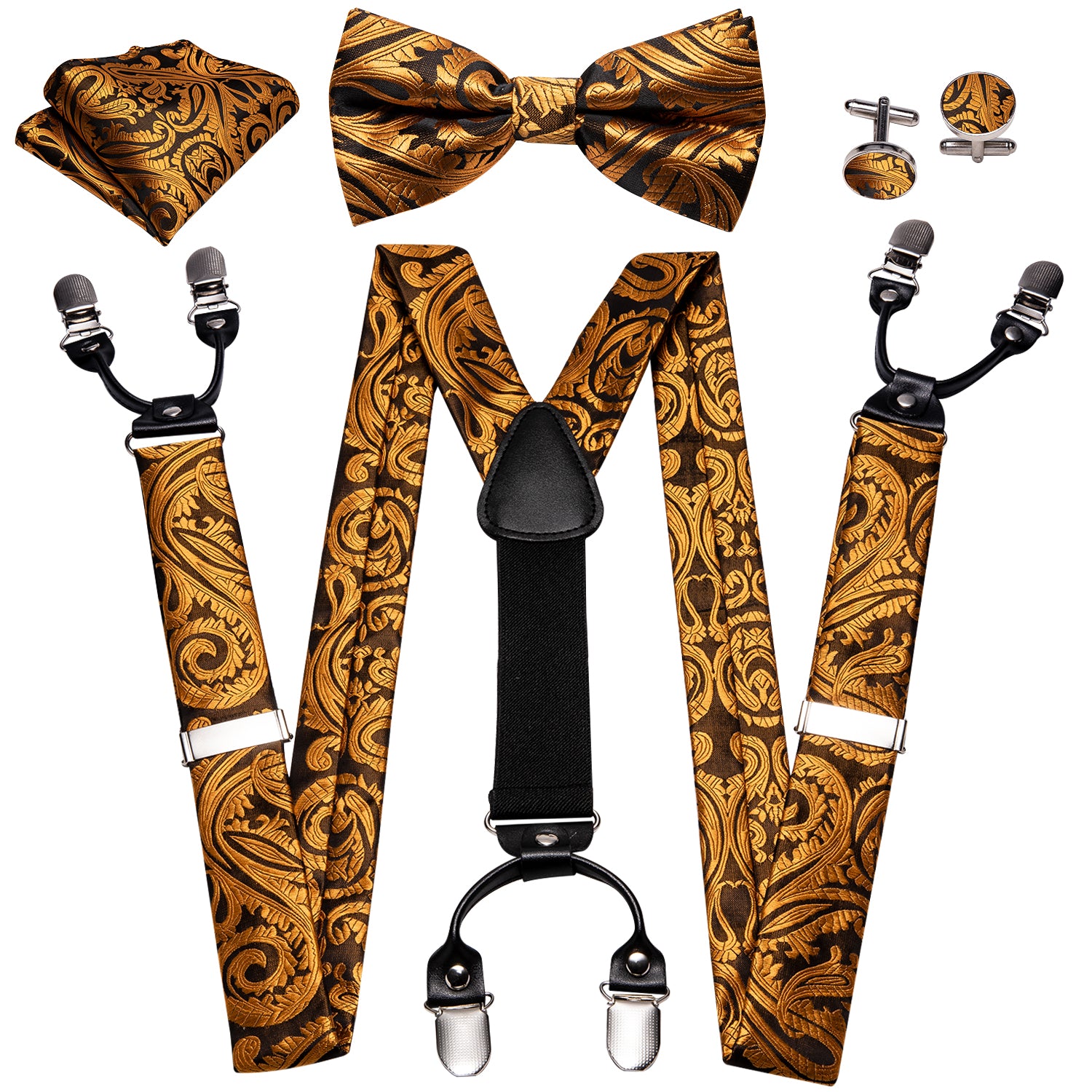 King Gold Paisley Y Back Adjustable Suspenders Bow Tie Set