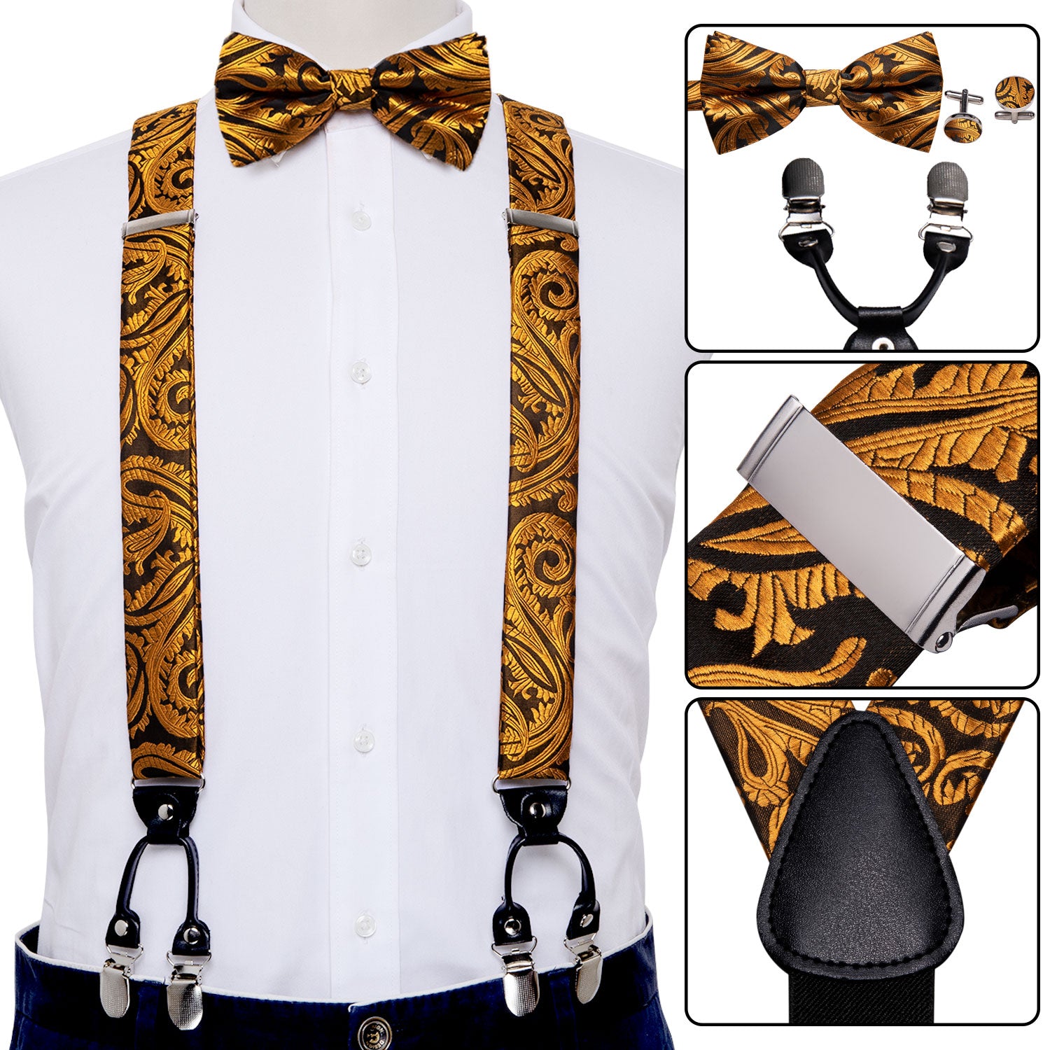 King Gold Paisley Y Back Adjustable Suspenders Bow Tie Set