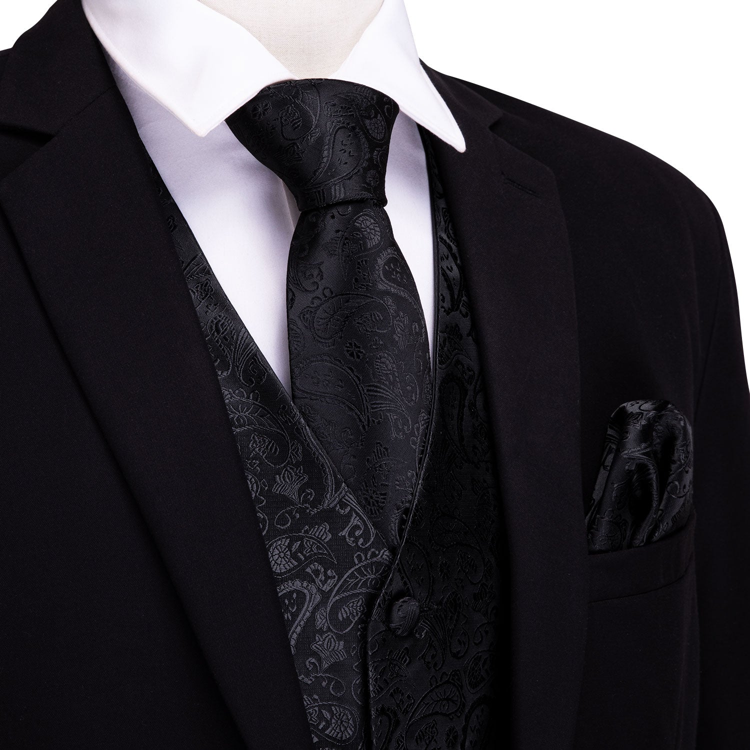 Barry. Wang Black suit Vest Paisley Jacquard Dress Waistcoat Pocket Square Cufflinks Set, L