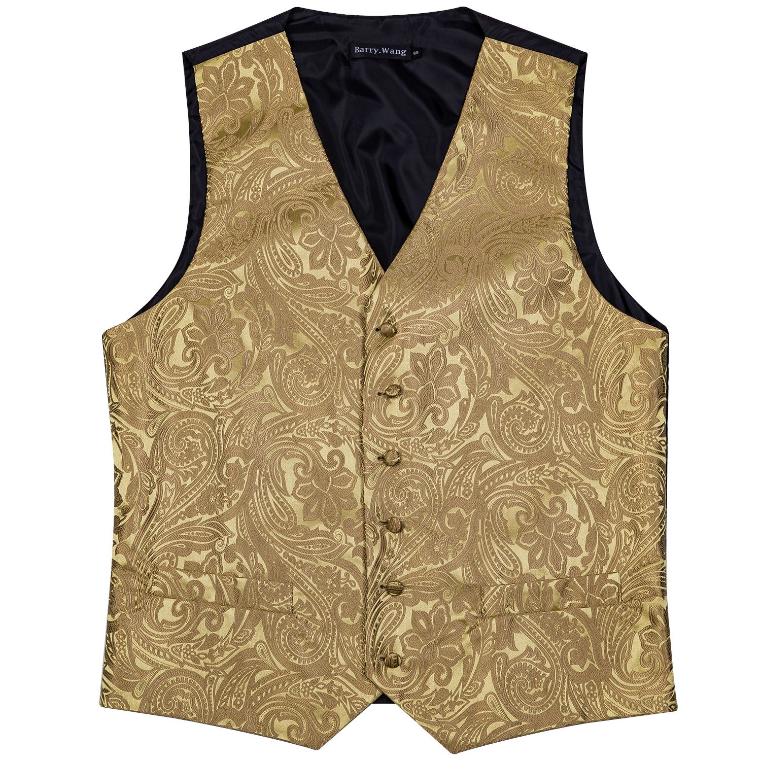 Men's Golden Floral Silk Vest Necktie Pocket square Cufflinks Set