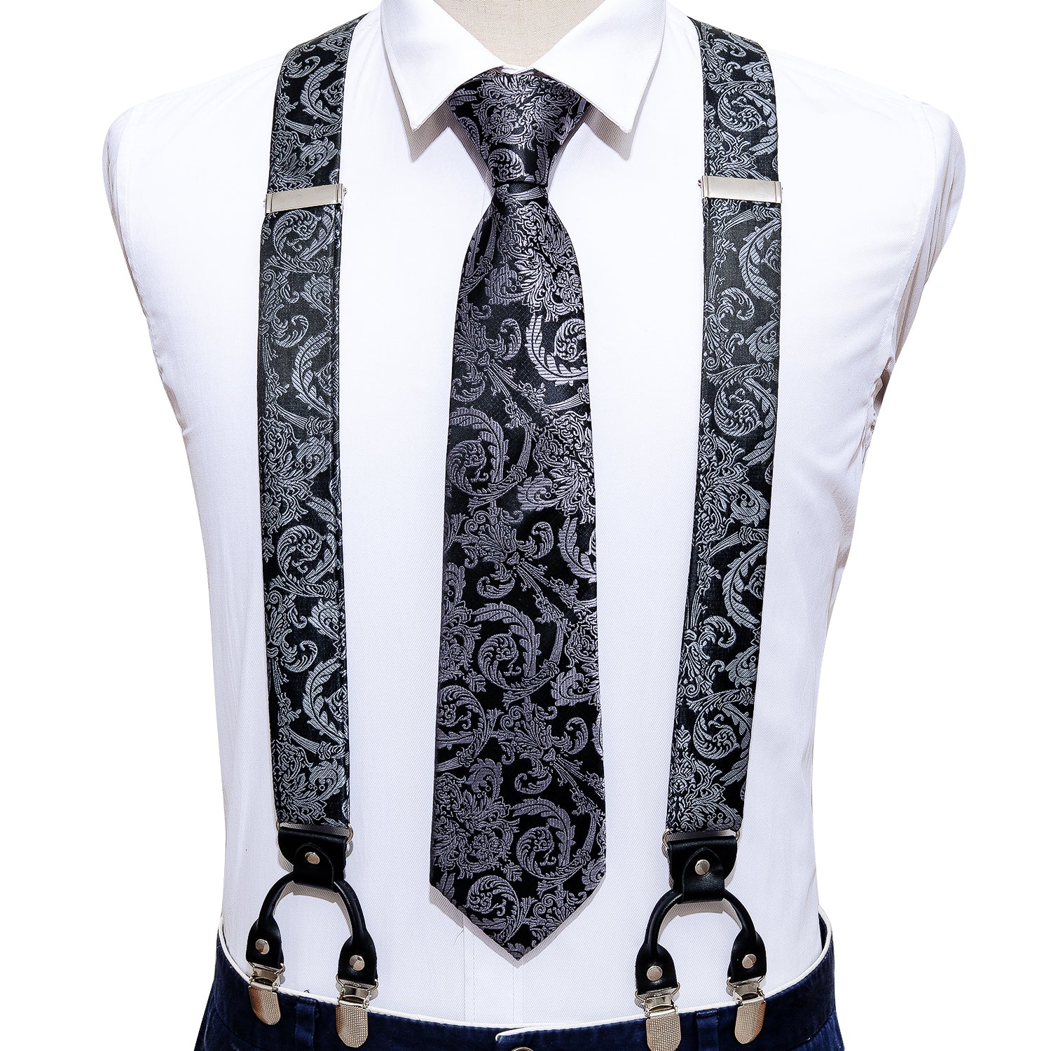 Black Grey Floral Tie Y Back Adjustable Suspenders Tie Set