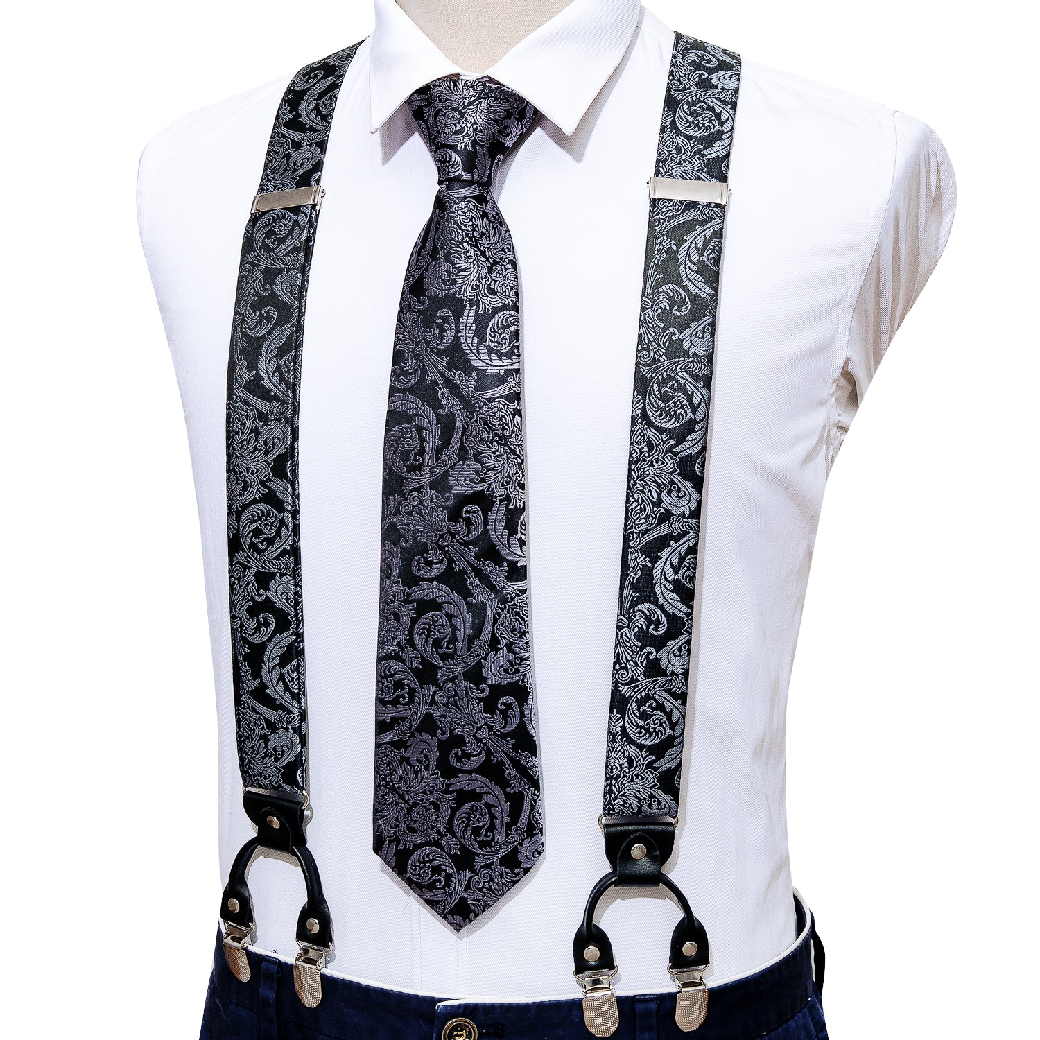 Black Grey Floral Tie Y Back Adjustable Suspenders Tie Set