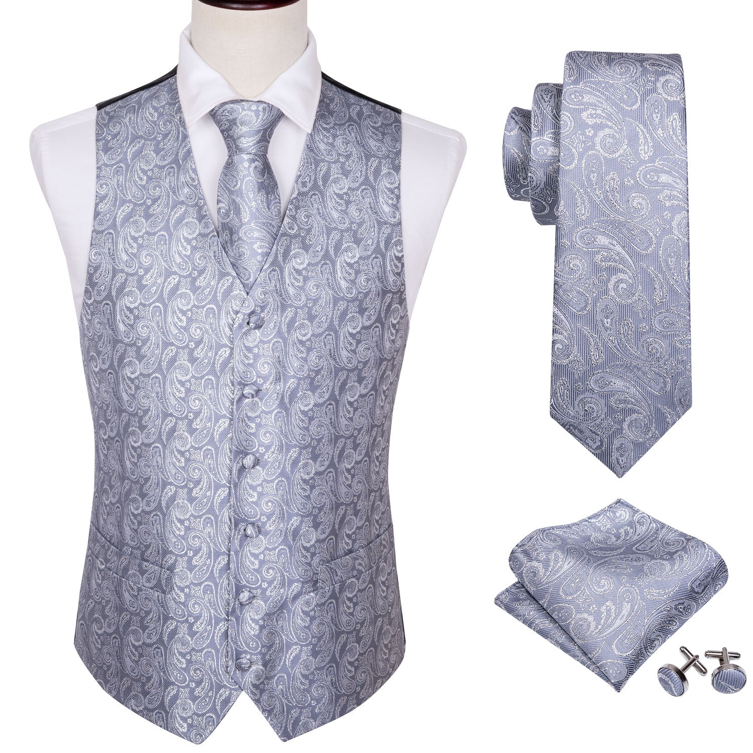 Men's Grey Paisley Silk Vest Necktie Pocket square Cufflinks
